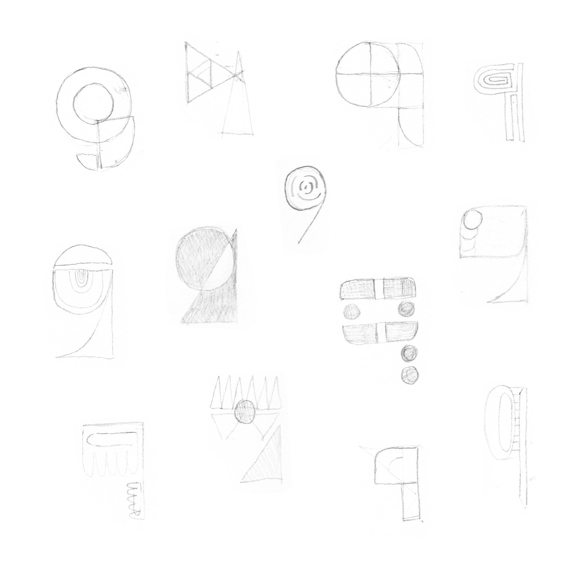 Typography sketches for number 9 with geometric grid compositions, circular heads, and descender variations