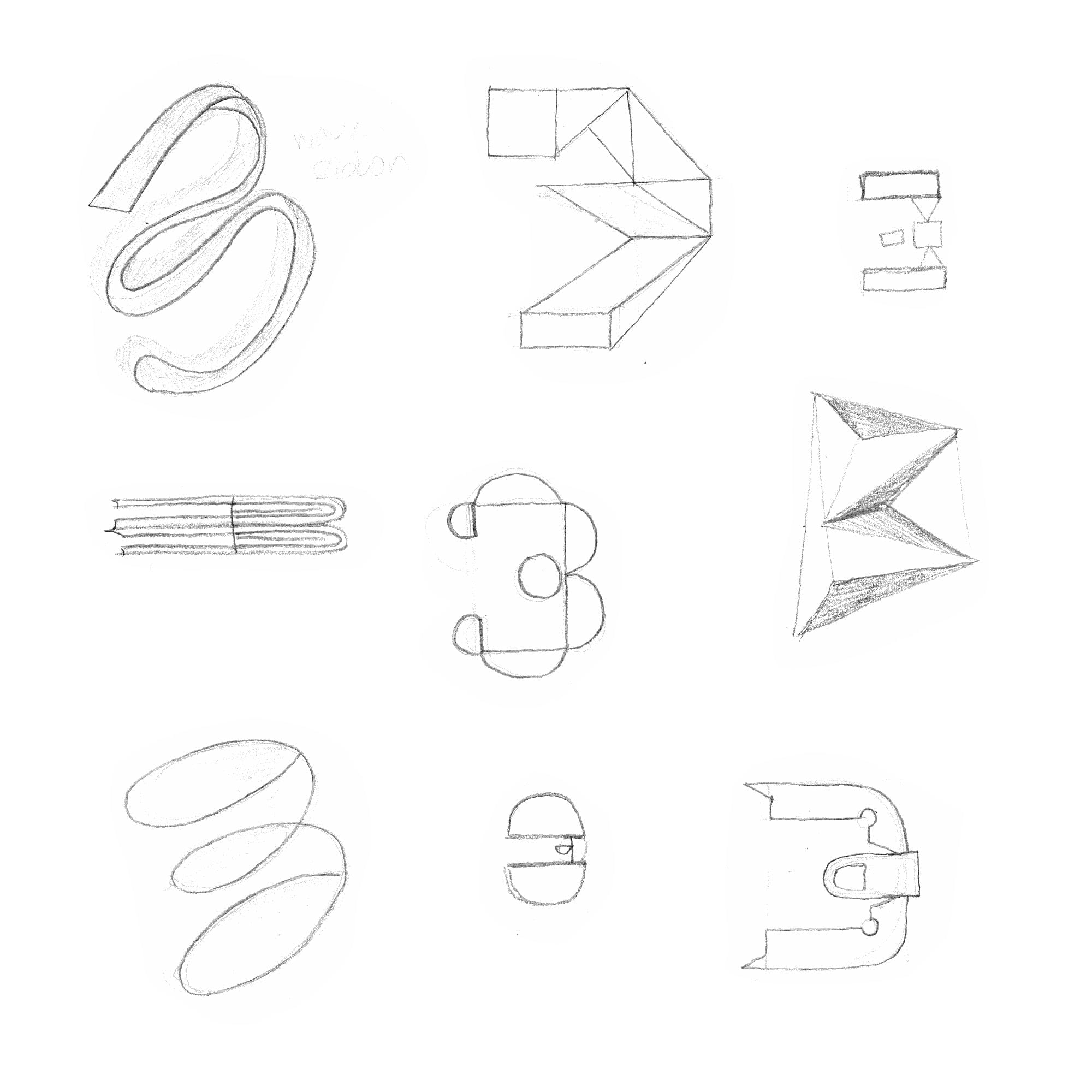 Hand-drawn typography sketches for number 3 featuring ribbon forms, isometric cubes, and organic curves