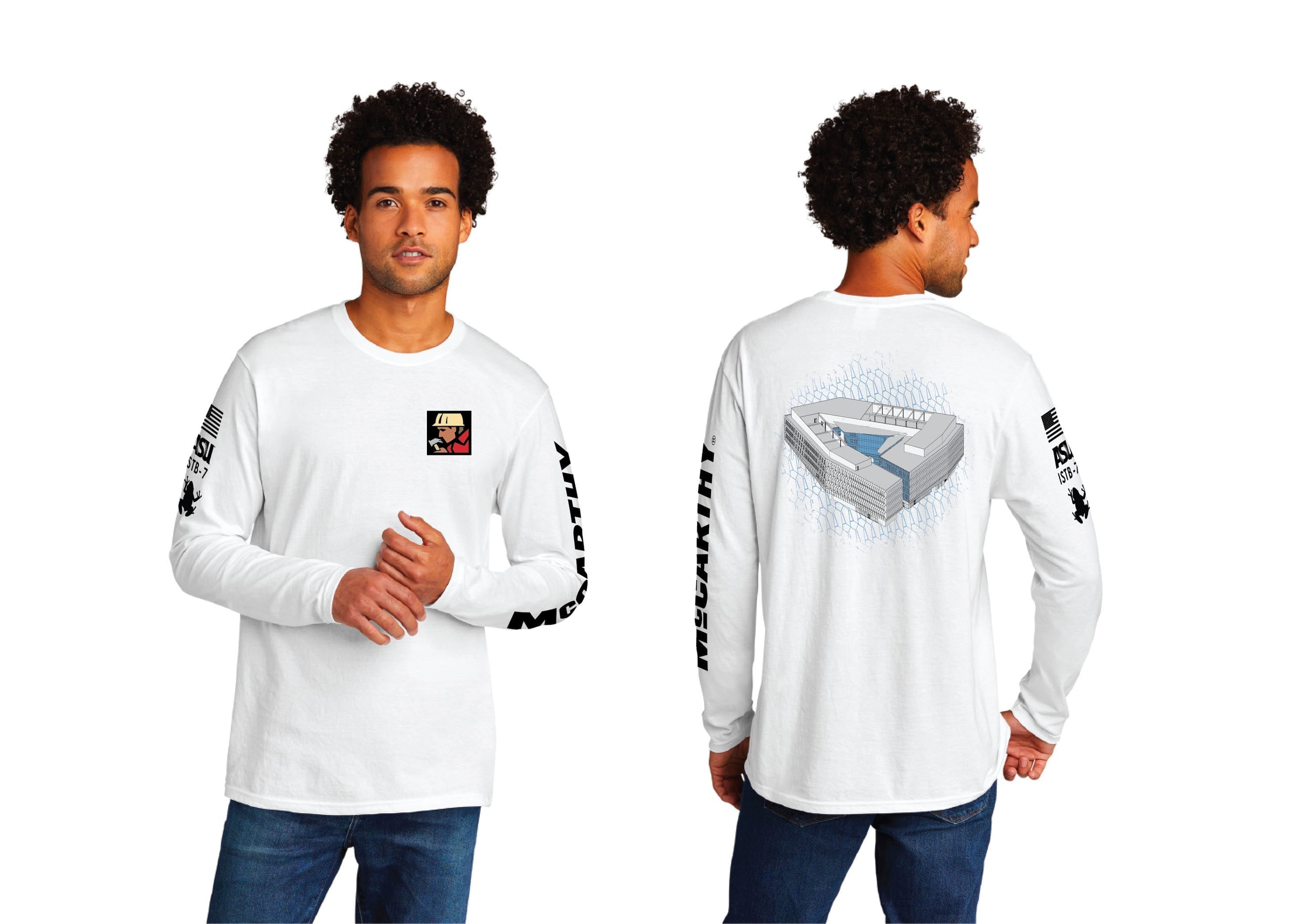White McCarthy construction shirt with worker chest patch, sleeve lettering, and an isometric ASU building graphic on the back