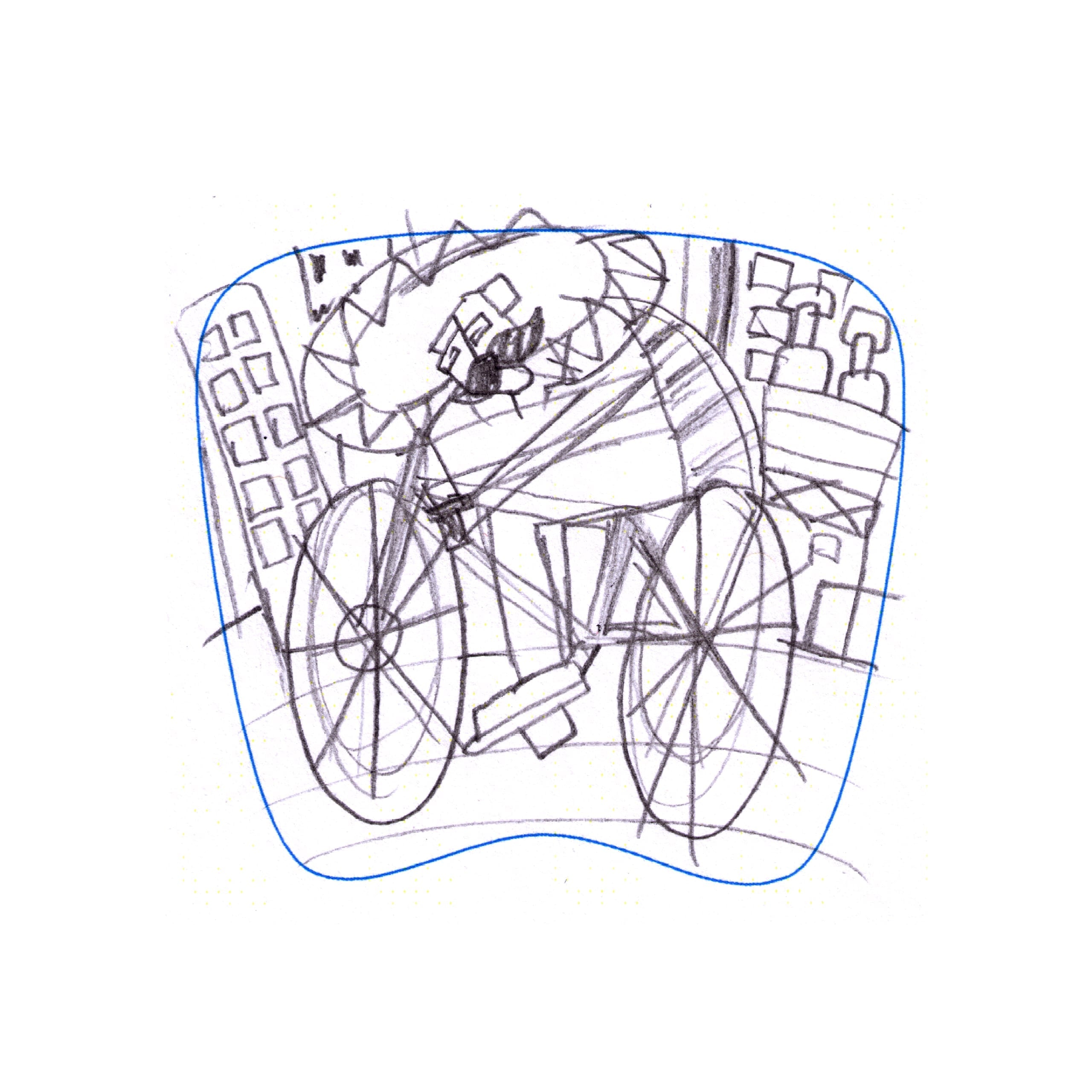 Process sketches showing the evolution of the Charro Hipster chair design from initial pencil sketches of the cubist cyclist to pattern development for the cactus and Aztec geometric backrest designs