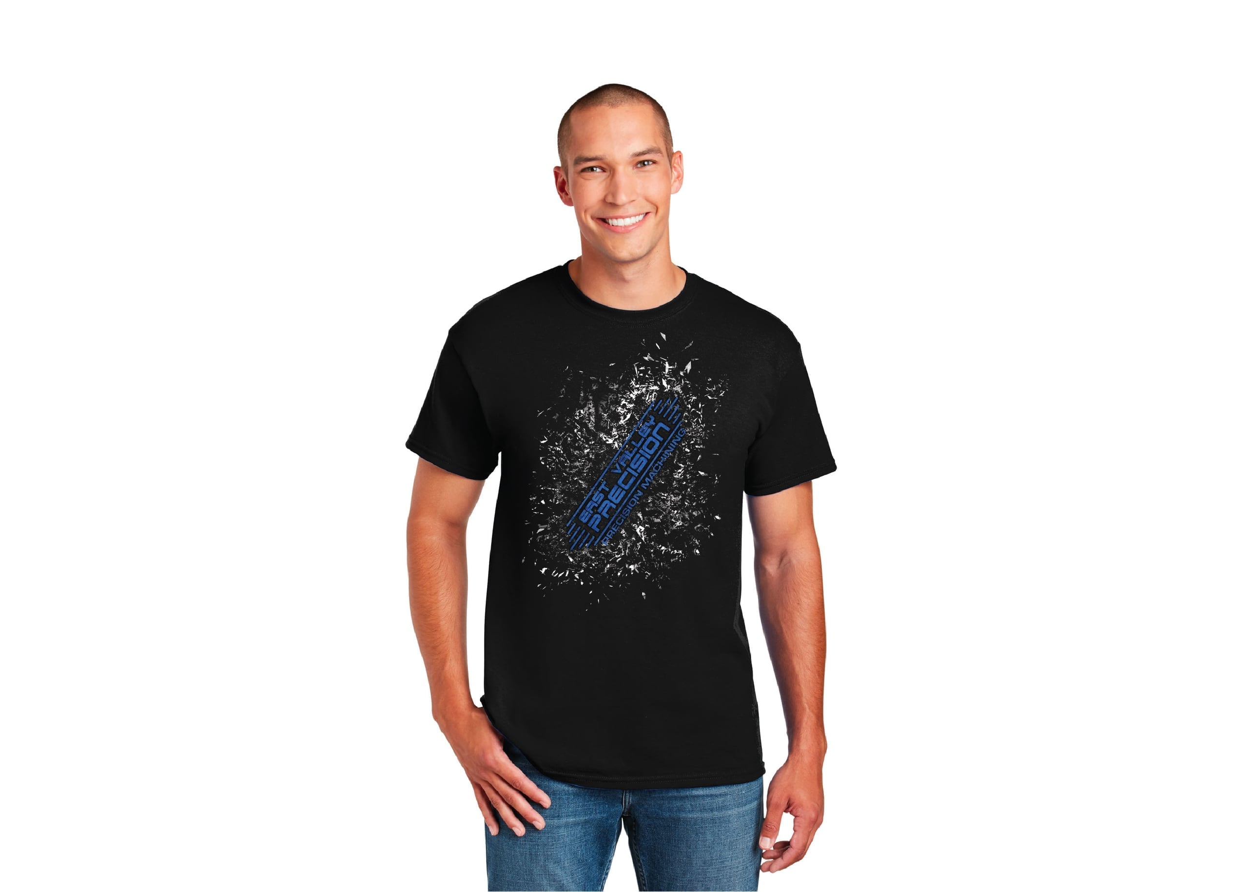 Black t-shirt mockup showing front view only featuring East Valley Precision Machining logo with dynamic shattered glass effect and blue diagonal text design creating an explosive visual impact.