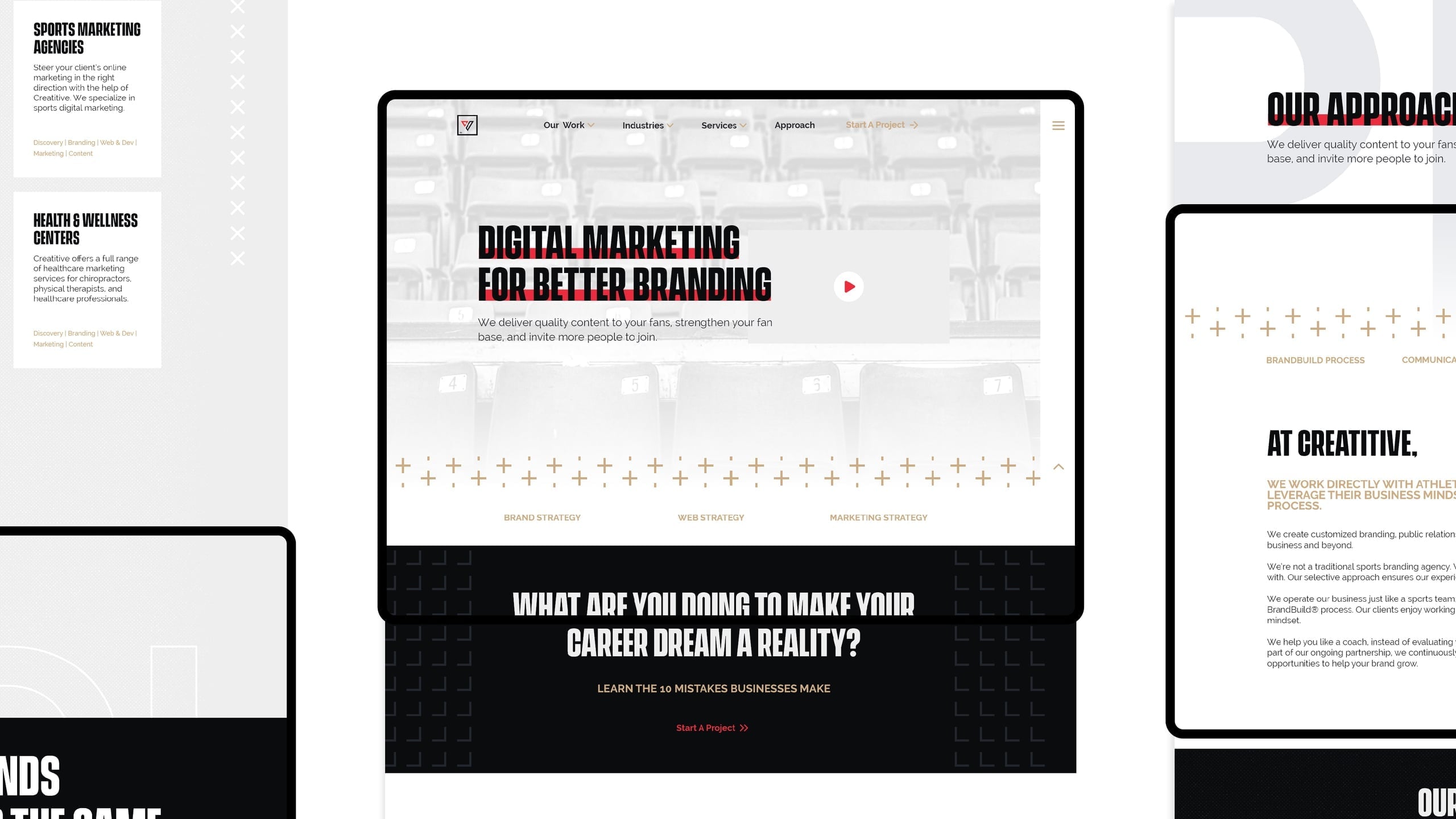 Responsive Creatitive website mockup with a stadium homepage and mobile views of its sports marketing and health services pages