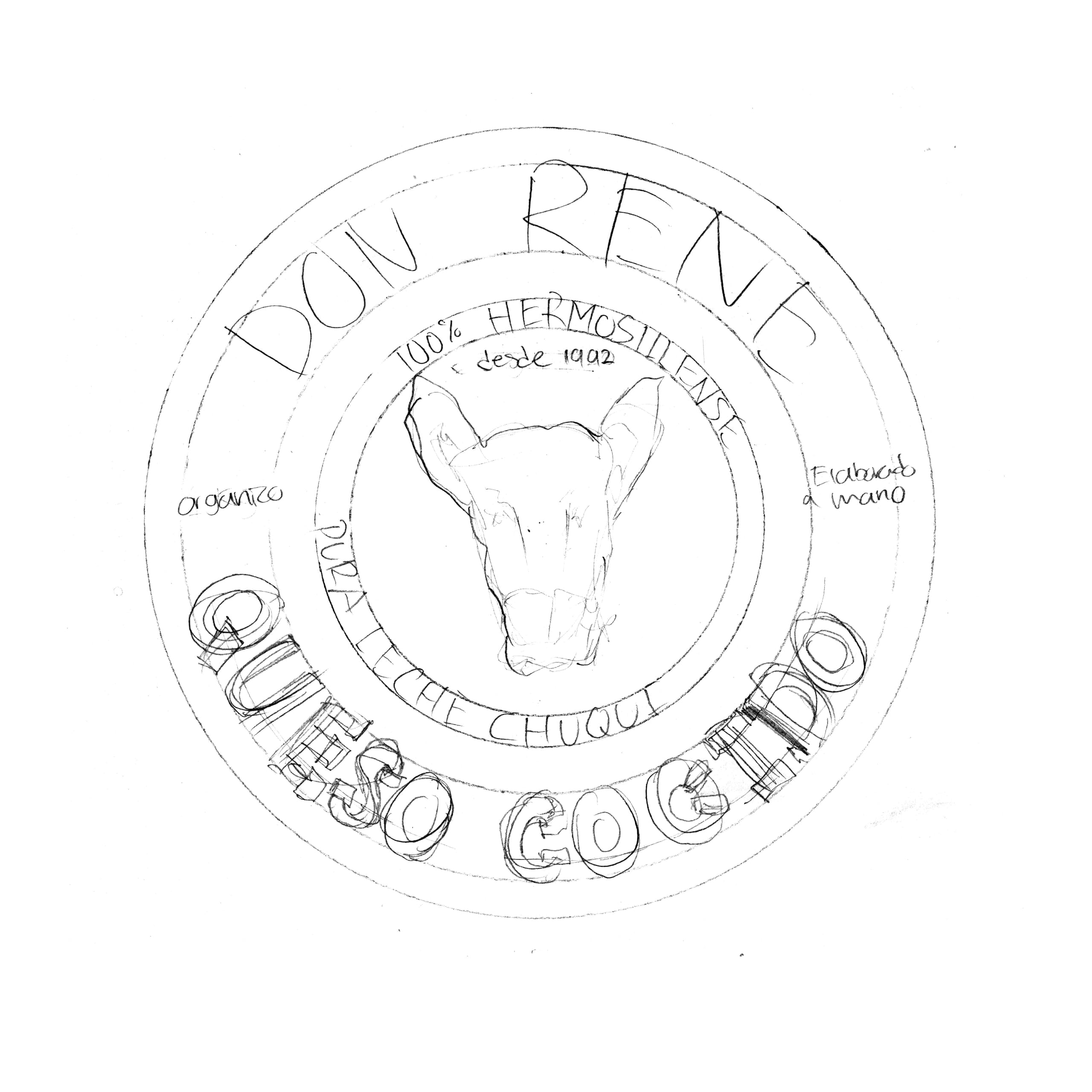 Don Rene label process showing pencil sketches, navy front-and-back mockups, pastoral imagery, and three cow illustration styles