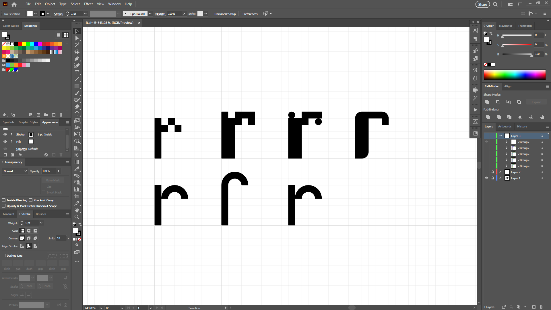 Adobe Illustrator screenshot showing letter R vector exploration with multiple weight and curve variations
