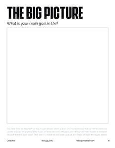 The Big Picture worksheet asking users to define their main goal in life with large writing space