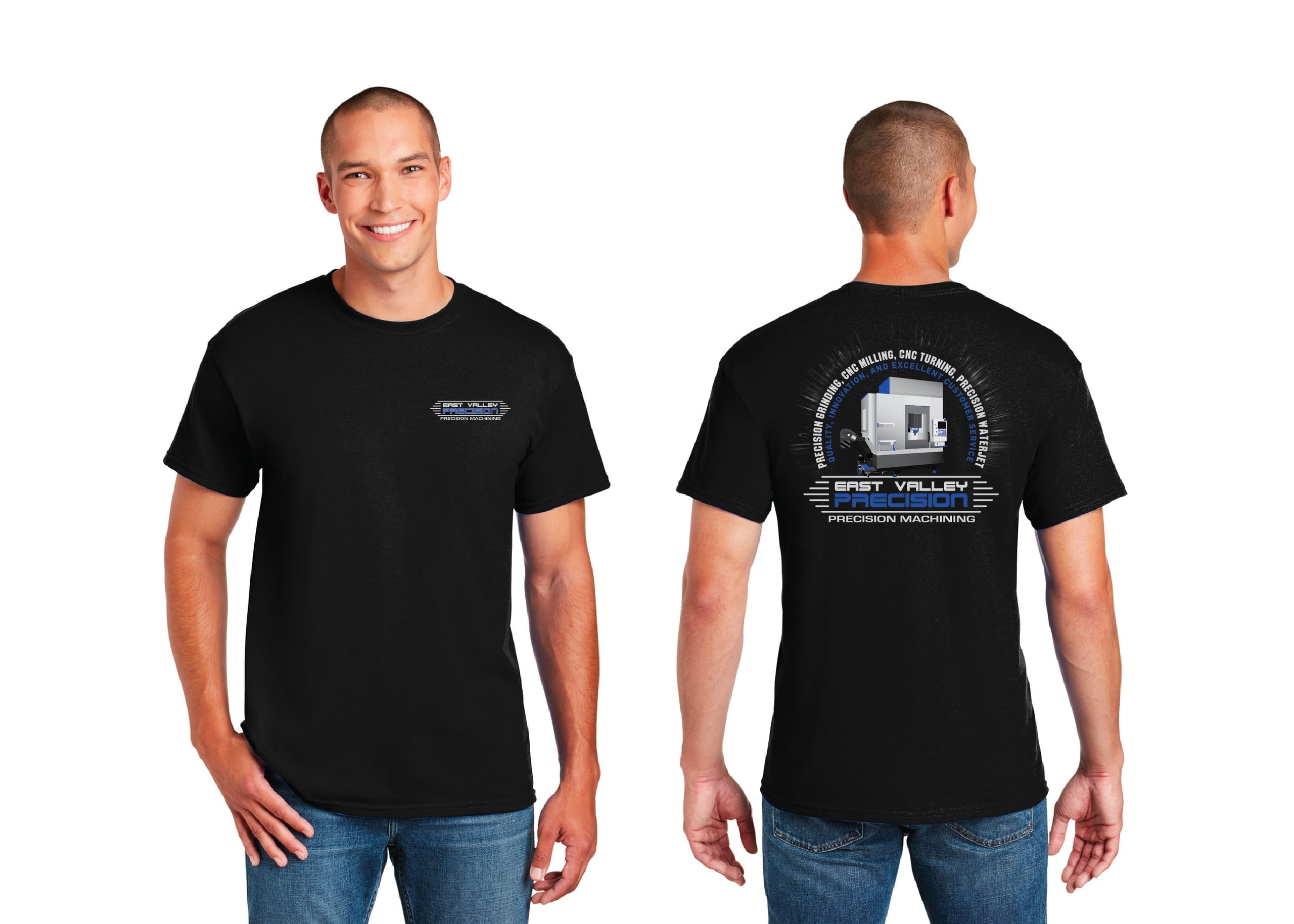 East Valley Precision Machining shirt with a small chest logo and blue circular CNC-machine service graphic on the back