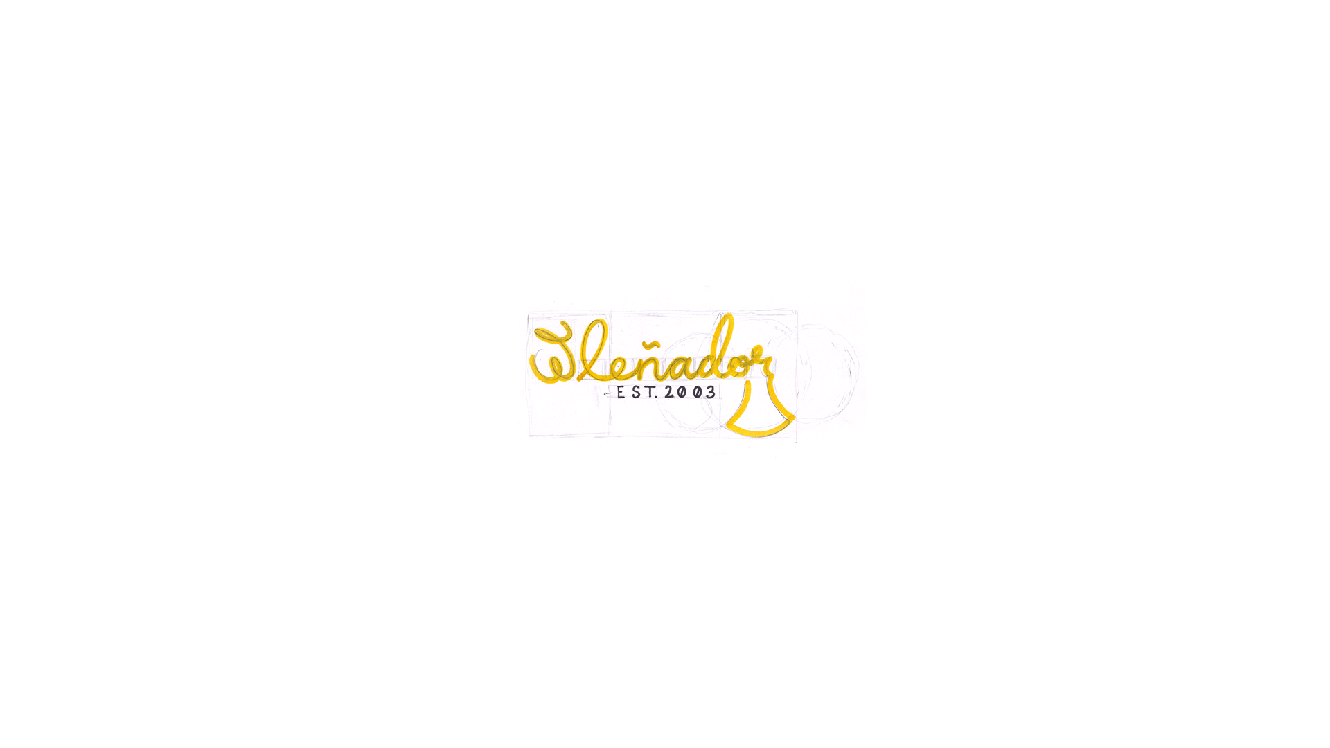 Hand-drawn El Lenador logo sketch with golden marker lettering, pencil grid, and geometric cowbell studies