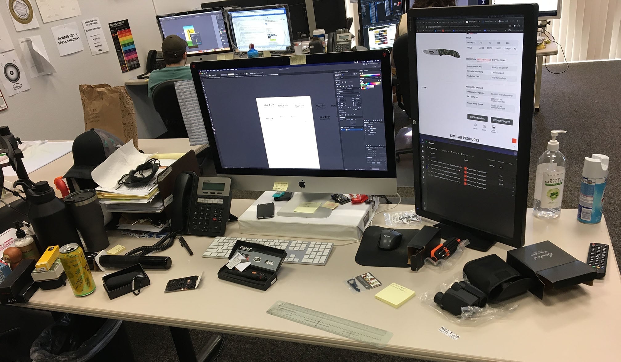 Sportex production collage with safety patches, embroidery samples, design workstations, client revisions, and project-management boards