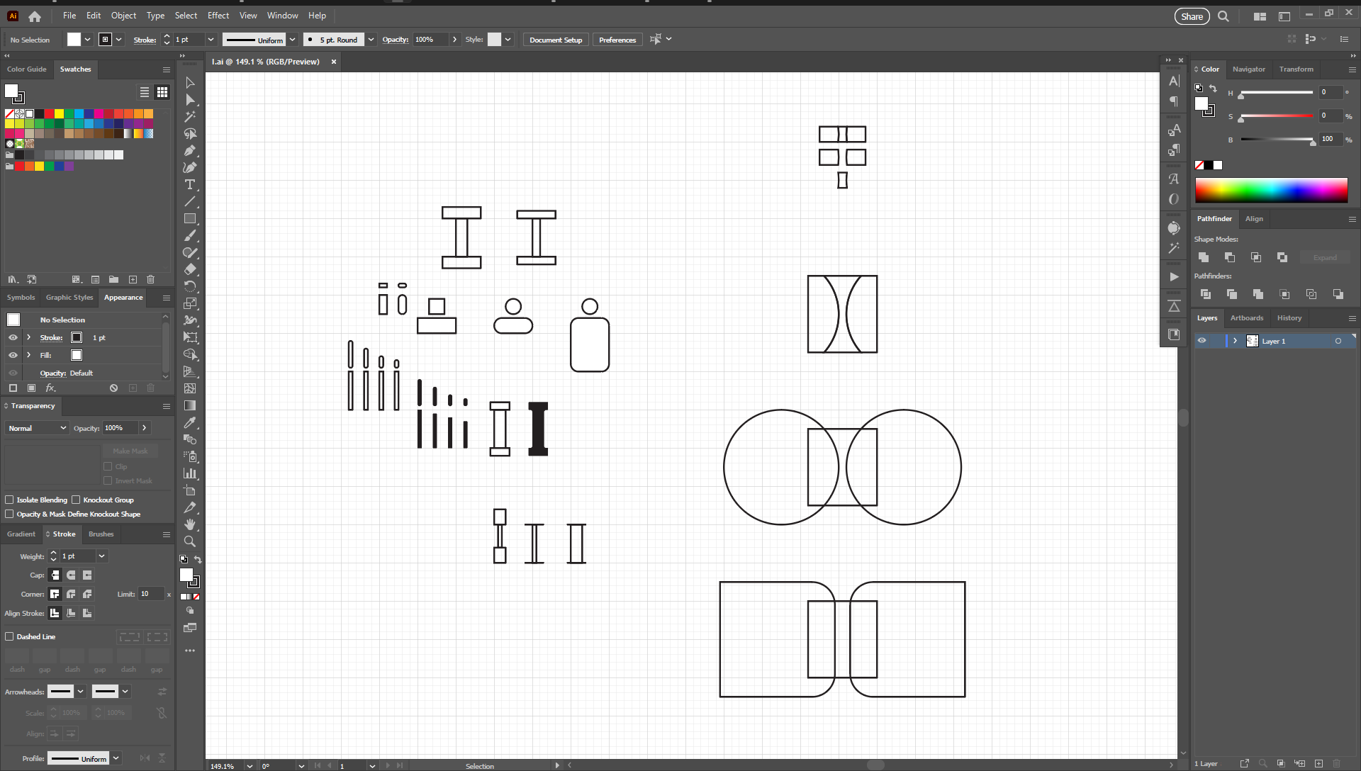 Adobe Illustrator screenshot showing letter I vector construction with serif variations and geometric forms
