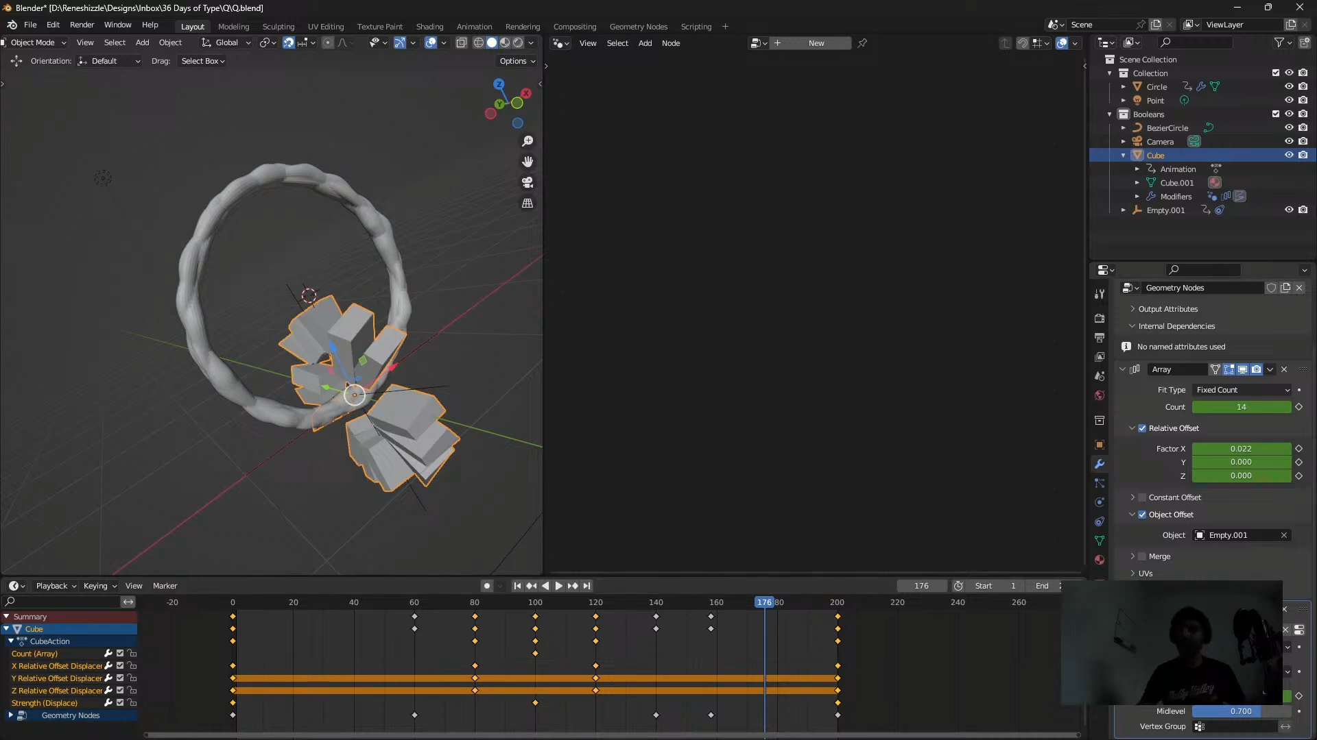Blender 3D software interface showing letter Q model with ring geometry and scattered elements