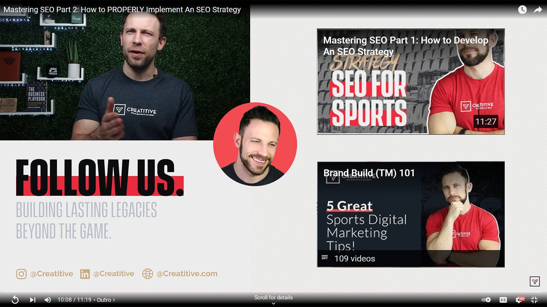 YouTube video outro screen showing Mastering SEO content, Follow Us call-to-action with Zachary Colman portrait, and related video suggestions