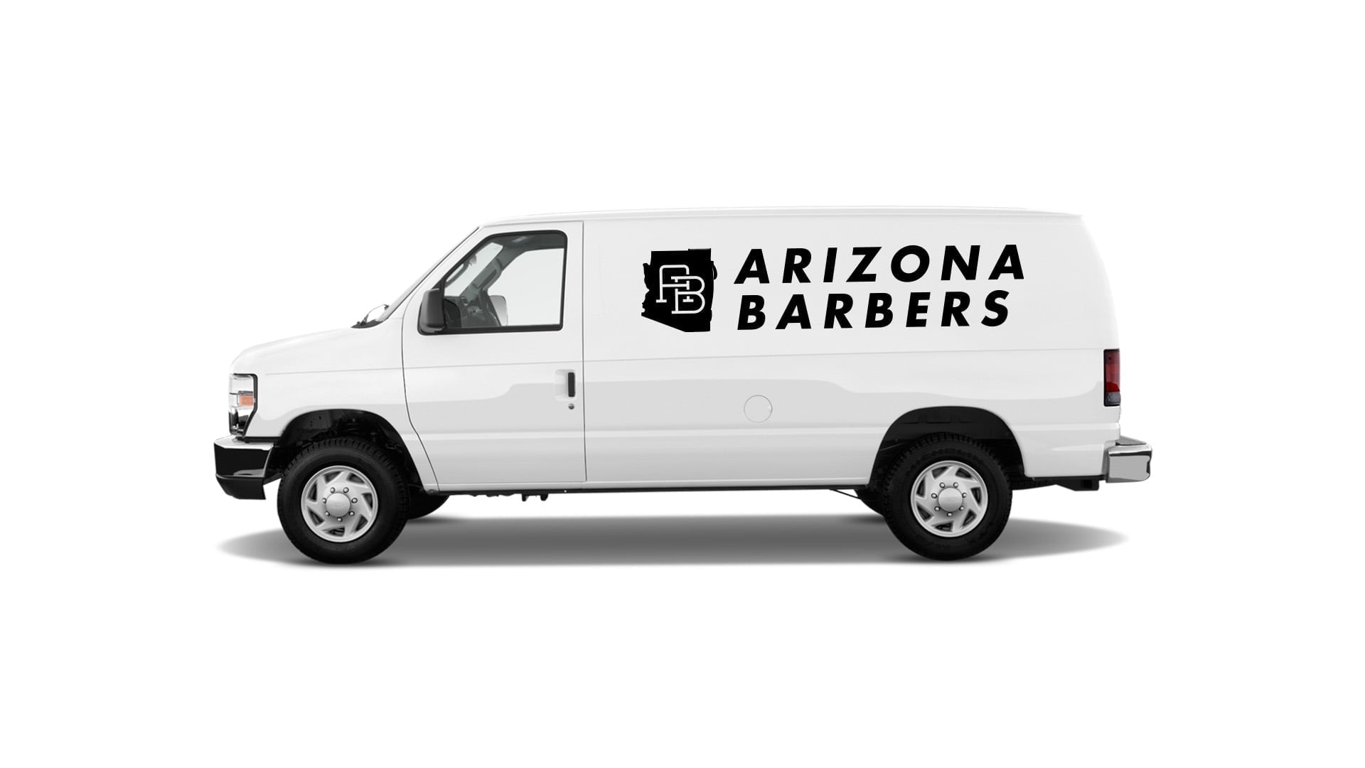 White Ford cargo van with Arizona Barbers logo and AB monogram decal on side panel for mobile brand visibility