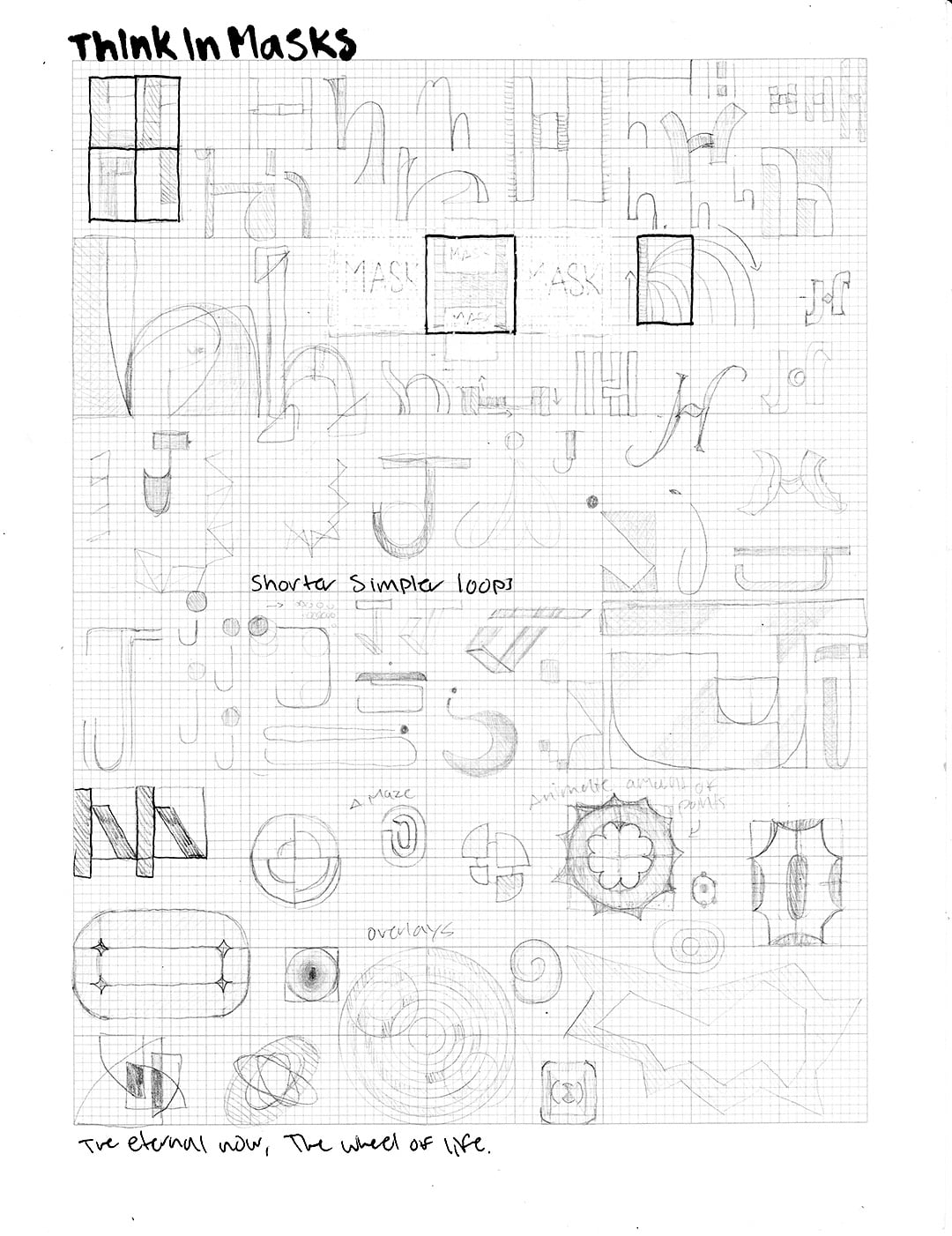 Grid paper sketches exploring letters H, J, and O with mask concepts and looping animation ideas