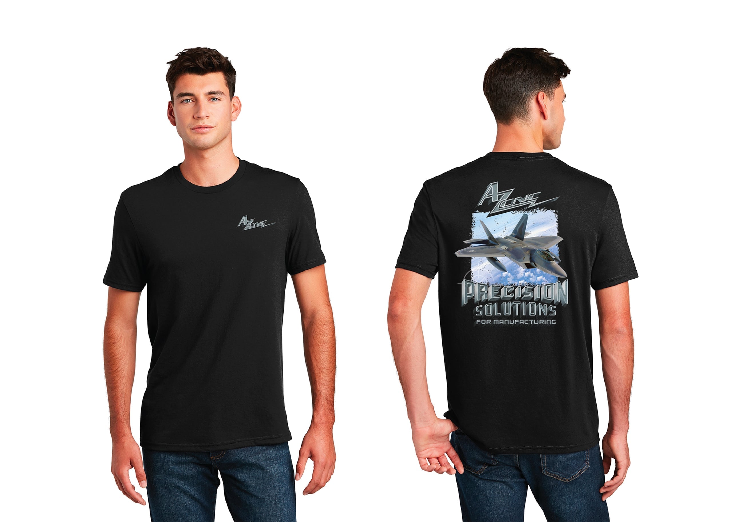 Front and back of a black AZ CNC shirt with gray chest logo and an F-22 graphic above metallic manufacturing text