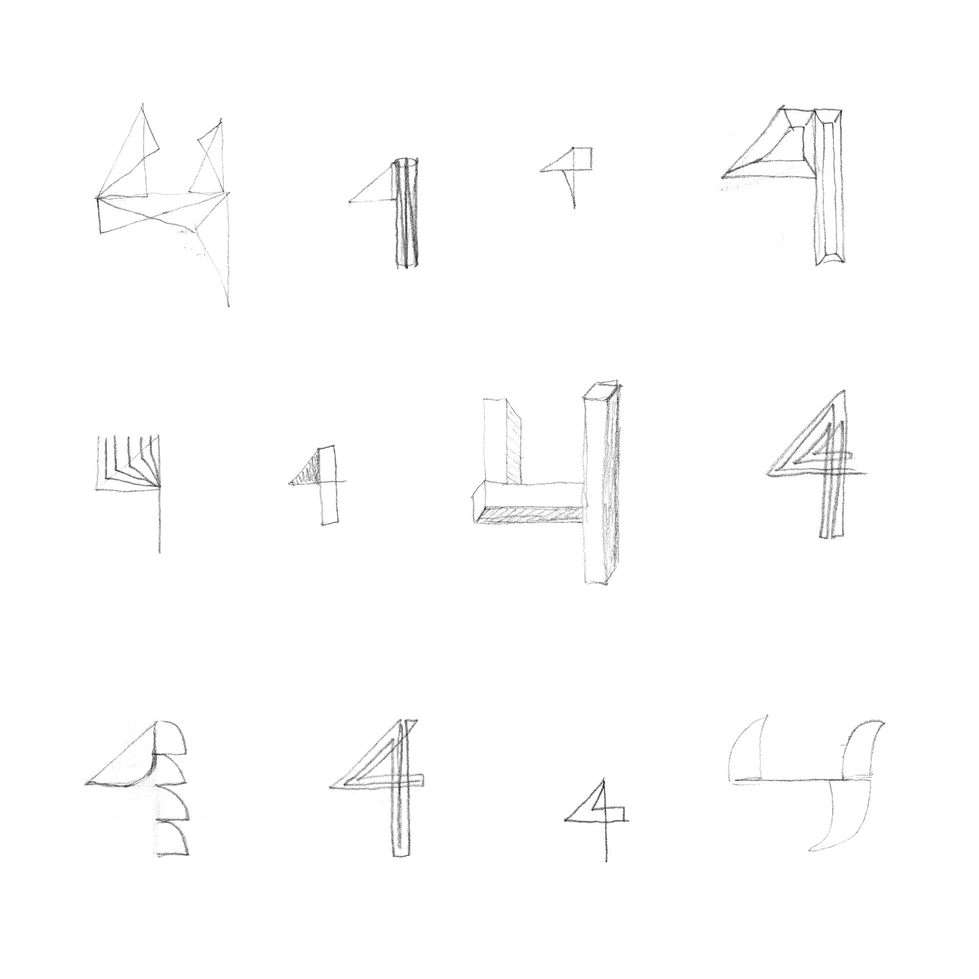 Concept sketches for number 4 design exploring angular geometric forms, 3D perspectives, and minimal line variations