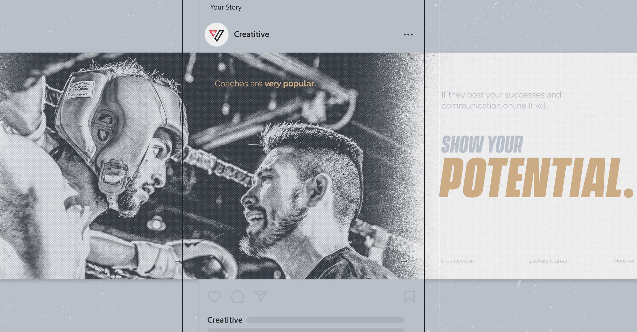 Instagram social media mockup showing black and white boxing photography with coach and athlete, featuring Show Your Potential motivational text overlay in Creatitive brand styling