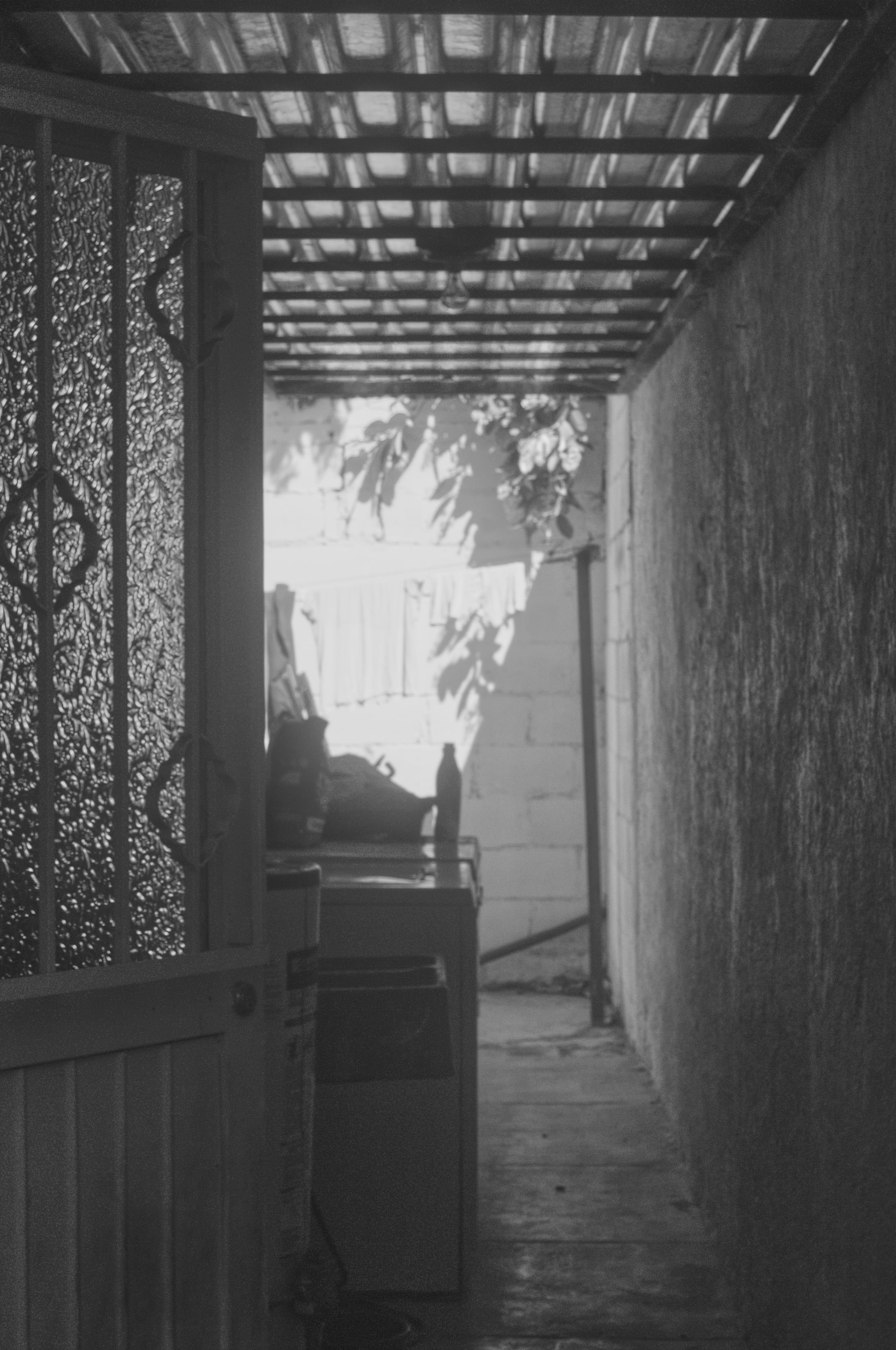 Black and white photograph looking down a narrow covered passageway with ornate metal gate, textured walls, and light streaming in from the end