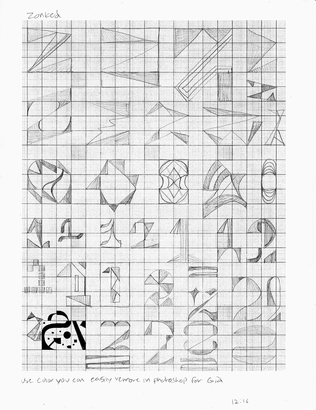 Grid paper sketches combining letter Z with numbers 0 and 1 exploring unified geometric design system