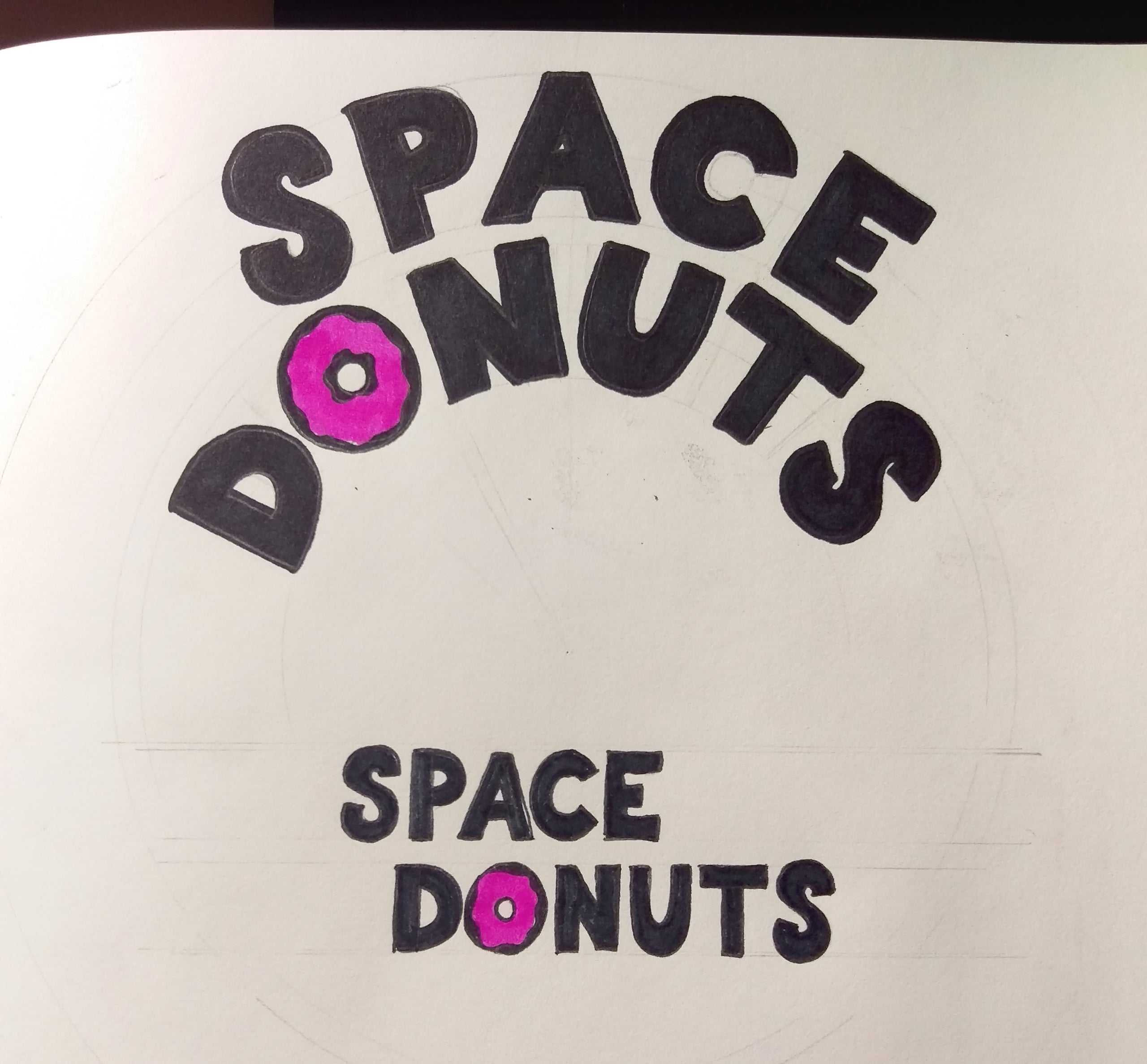 Space Donuts process sheets with logo concepts, Apollo mascot sketches, typography studies, and the final pink packaging dieline