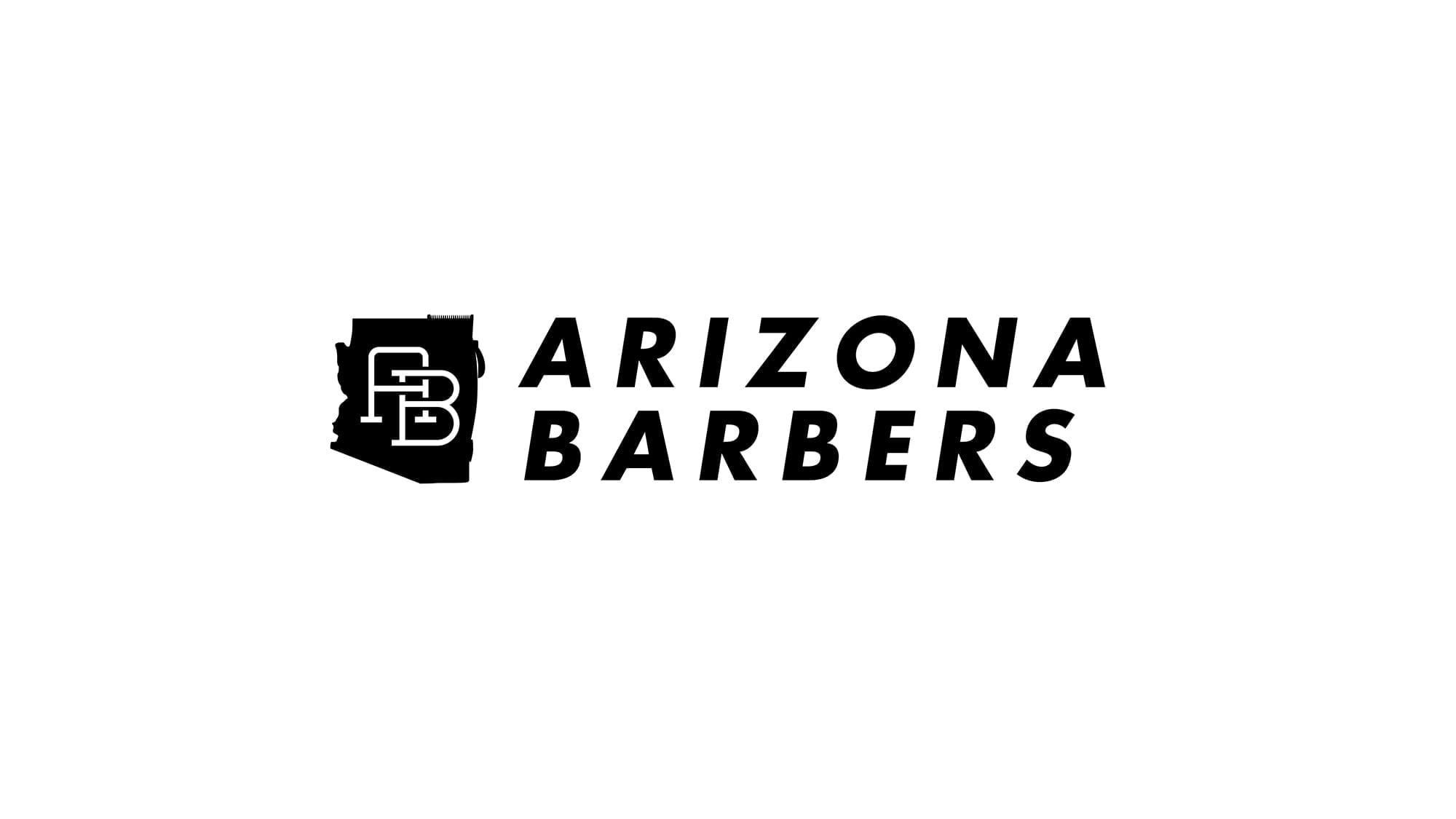 Arizona Barbers primary logo featuring Arizona state silhouette with clipper blade edge containing interlocked AB monogram alongside bold stacked wordmark