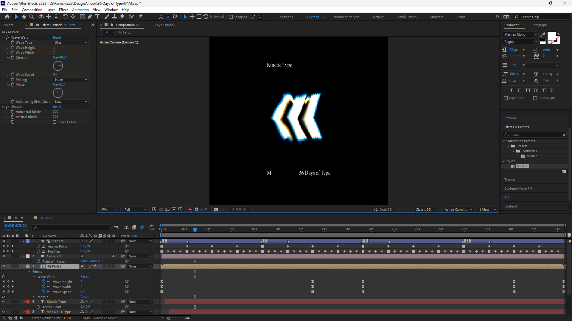 Adobe After Effects interface showing letter M kinetic type animation with chromatic aberration effects