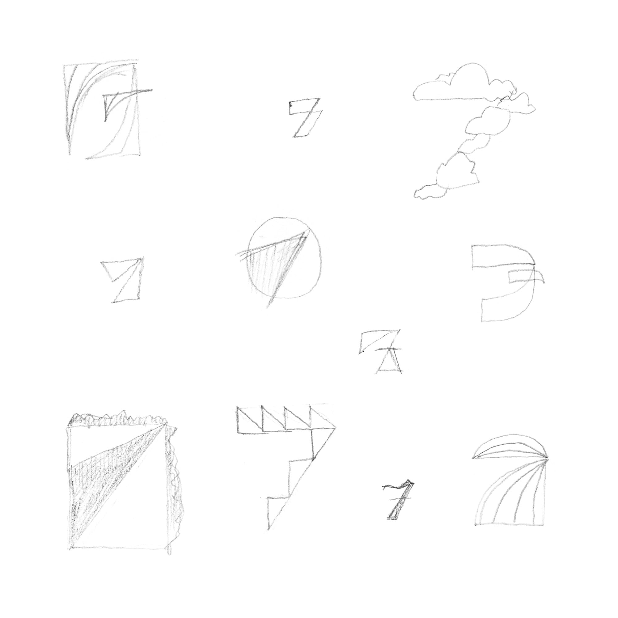 Hand-drawn explorations for number 7 design featuring cloud forms, angular cuts, and zigzag geometric patterns