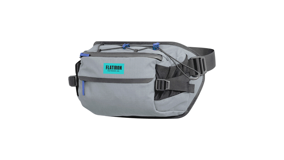 Gray ripstop nylon hip pack with teal logo patch, black webbing straps, and blue bungee cord accent details