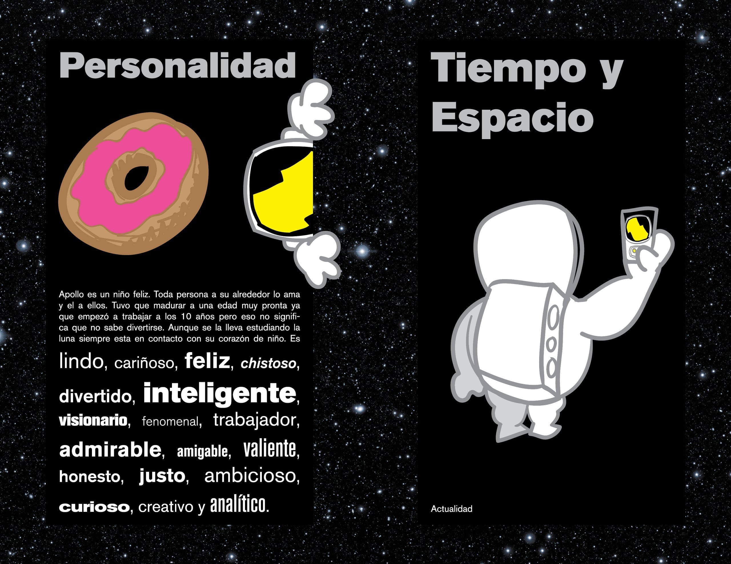 Apollo astronaut mascot guide with biography, expressions, turnaround views, brand colors, and merchandise examples