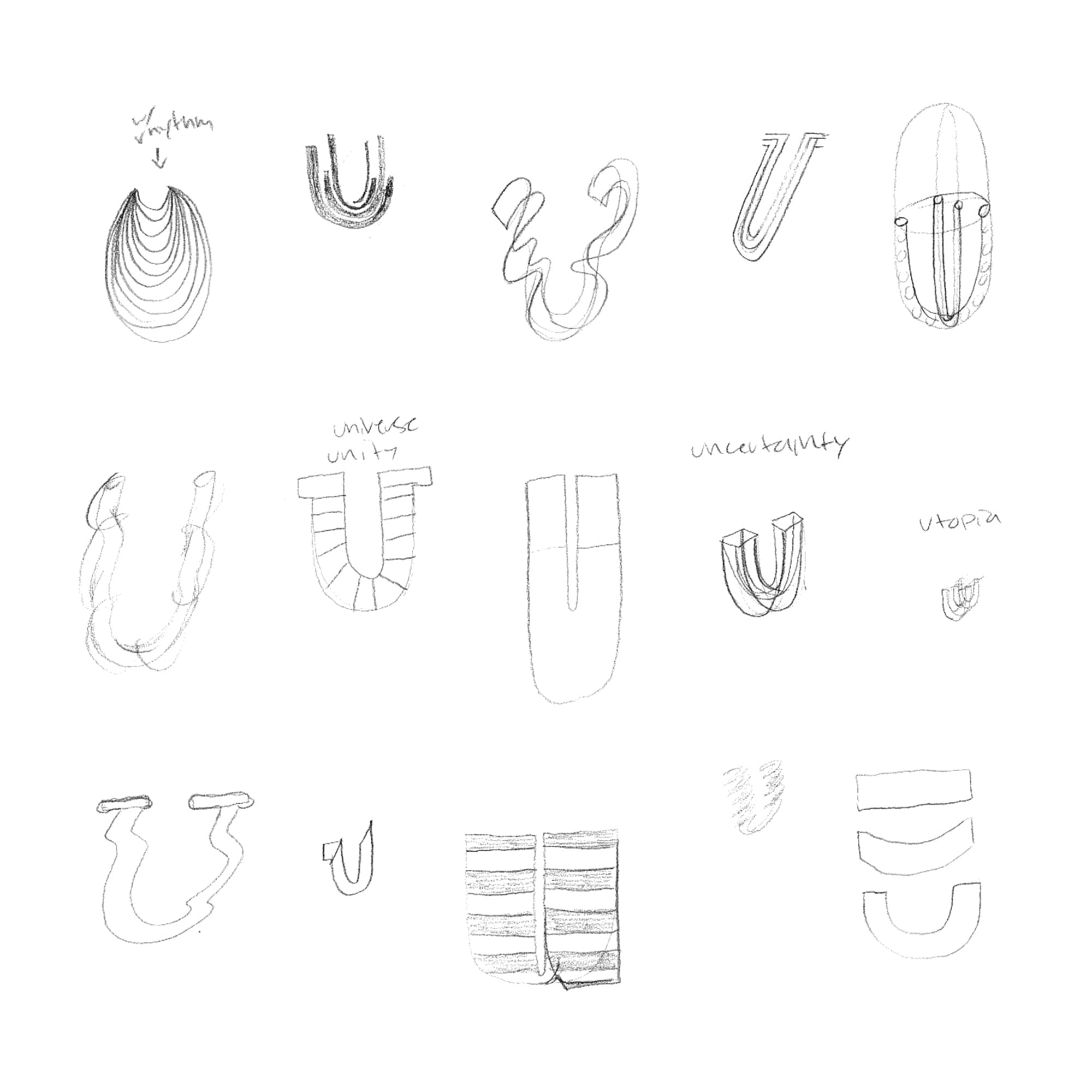 Pencil sketches for letter U exploring concentric lines, twisted forms, capsule shapes, and layered compositions