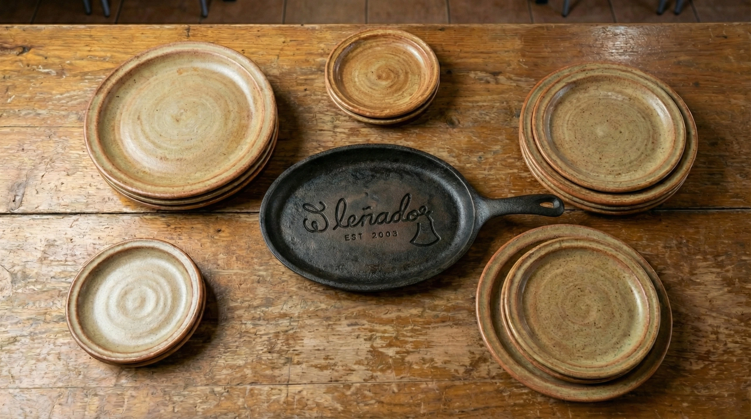Overhead view of rustic artisan stoneware plates in earthy tan and brown tones arranged on weathered wooden table with black cast iron skillet featuring embossed El Lenador EST 2003 logo in center