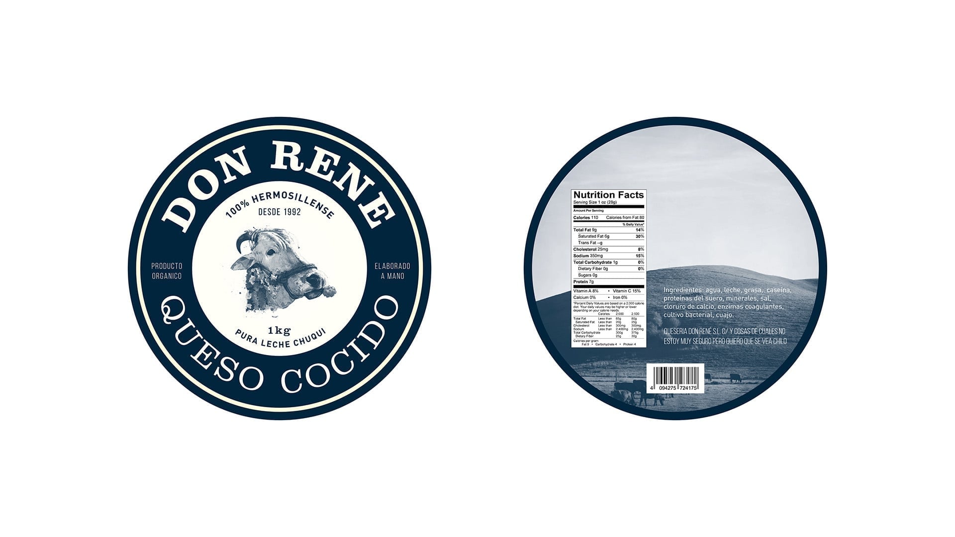 Don Rene label process showing pencil sketches, navy front-and-back mockups, pastoral imagery, and three cow illustration styles