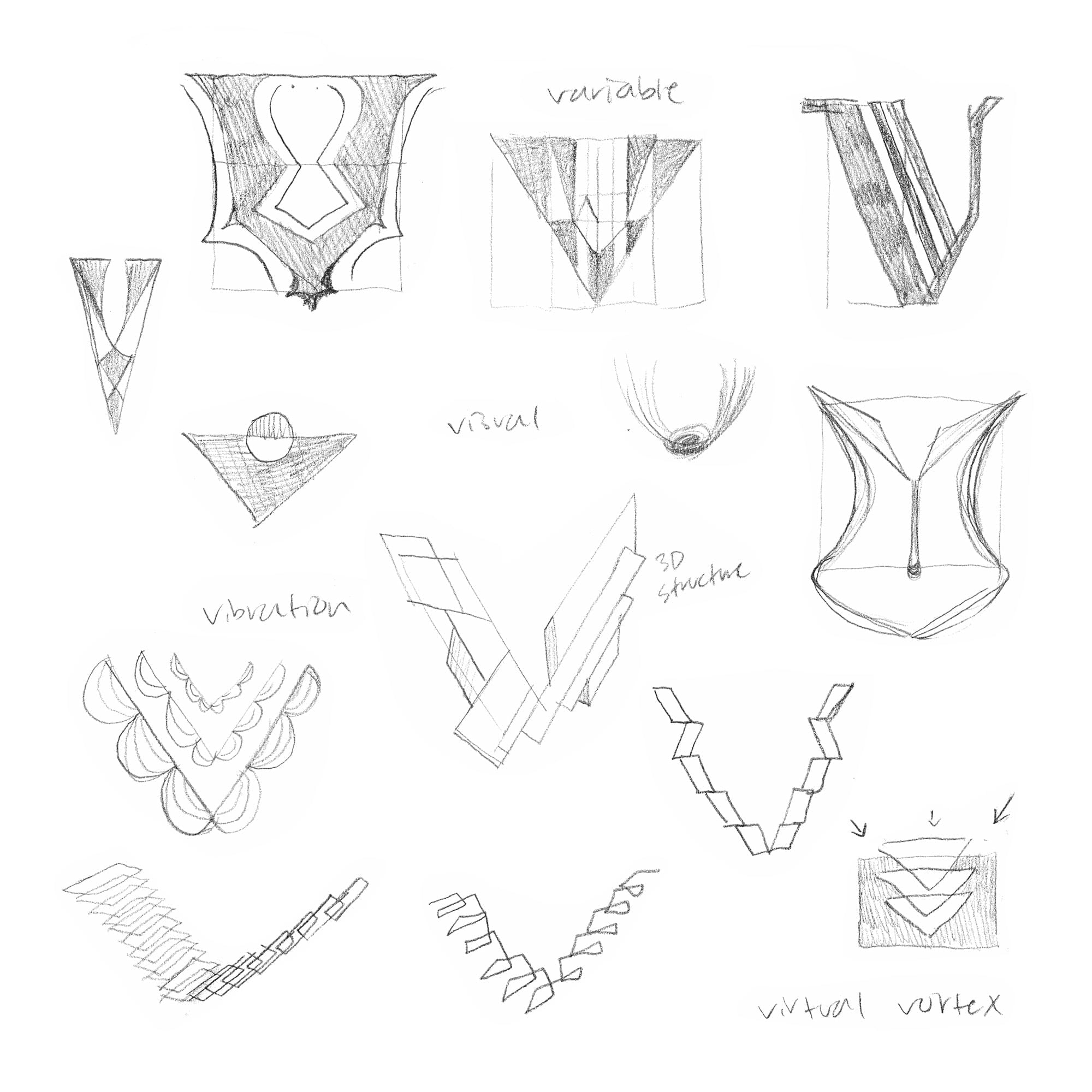 Concept drawings for letter V featuring variable width, faceted 3D structures, and vortex-inspired designs