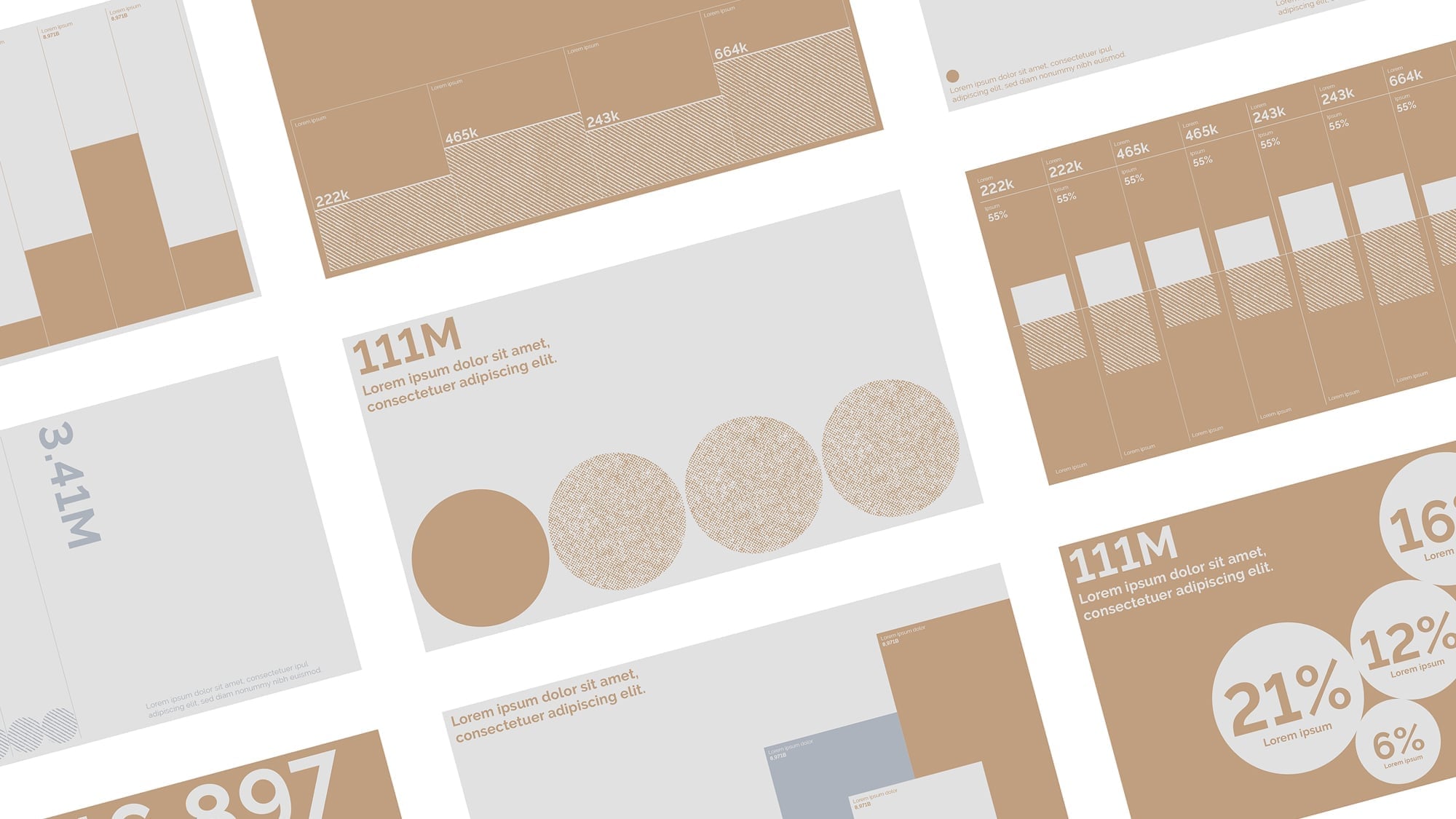 Collection of data visualization templates in tan and gray color palette showing bar charts, bubble charts, percentage breakdowns, and statistics displays for marketing analytics