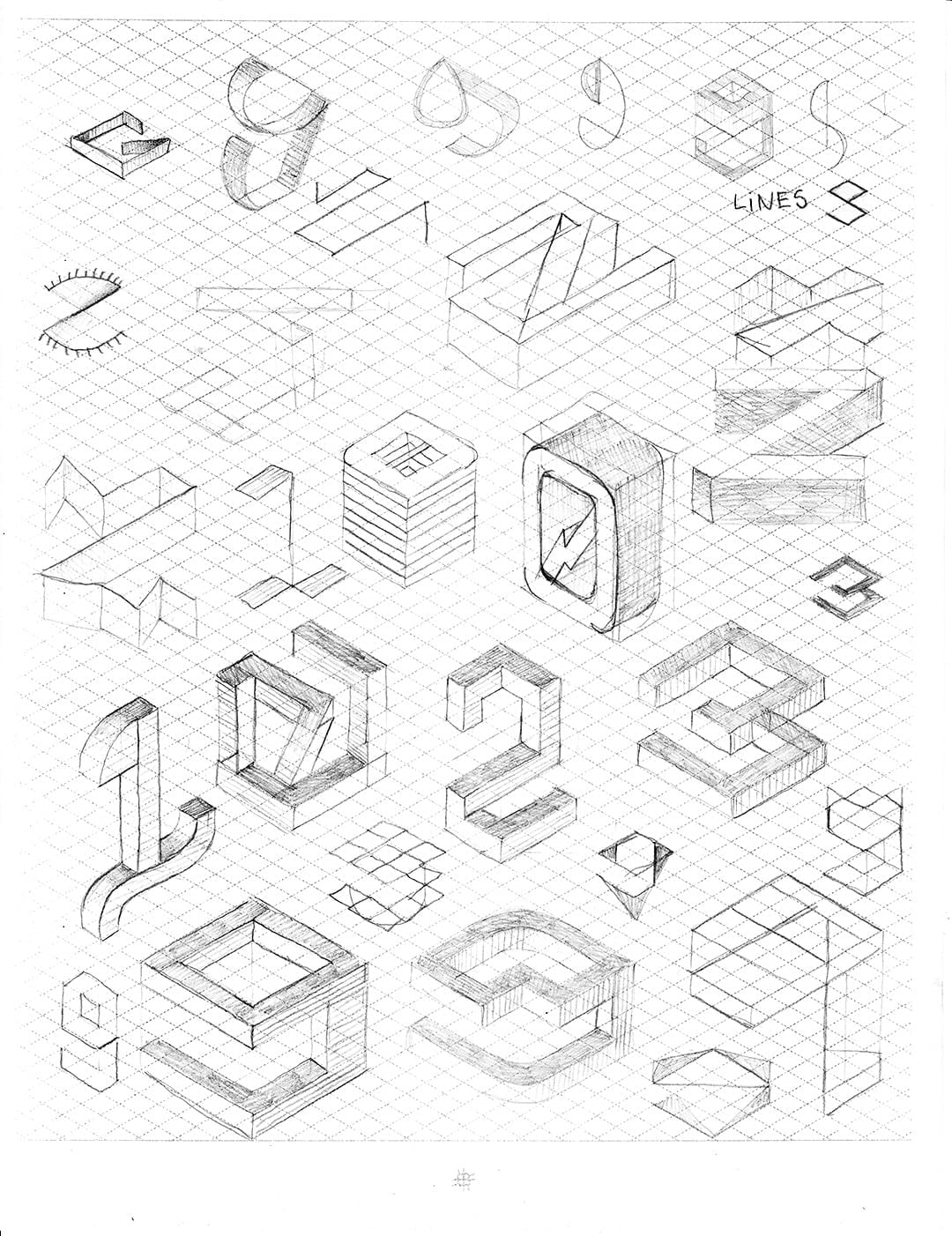 Isometric grid sketches for multiple characters including numbers and letters in 3D perspective