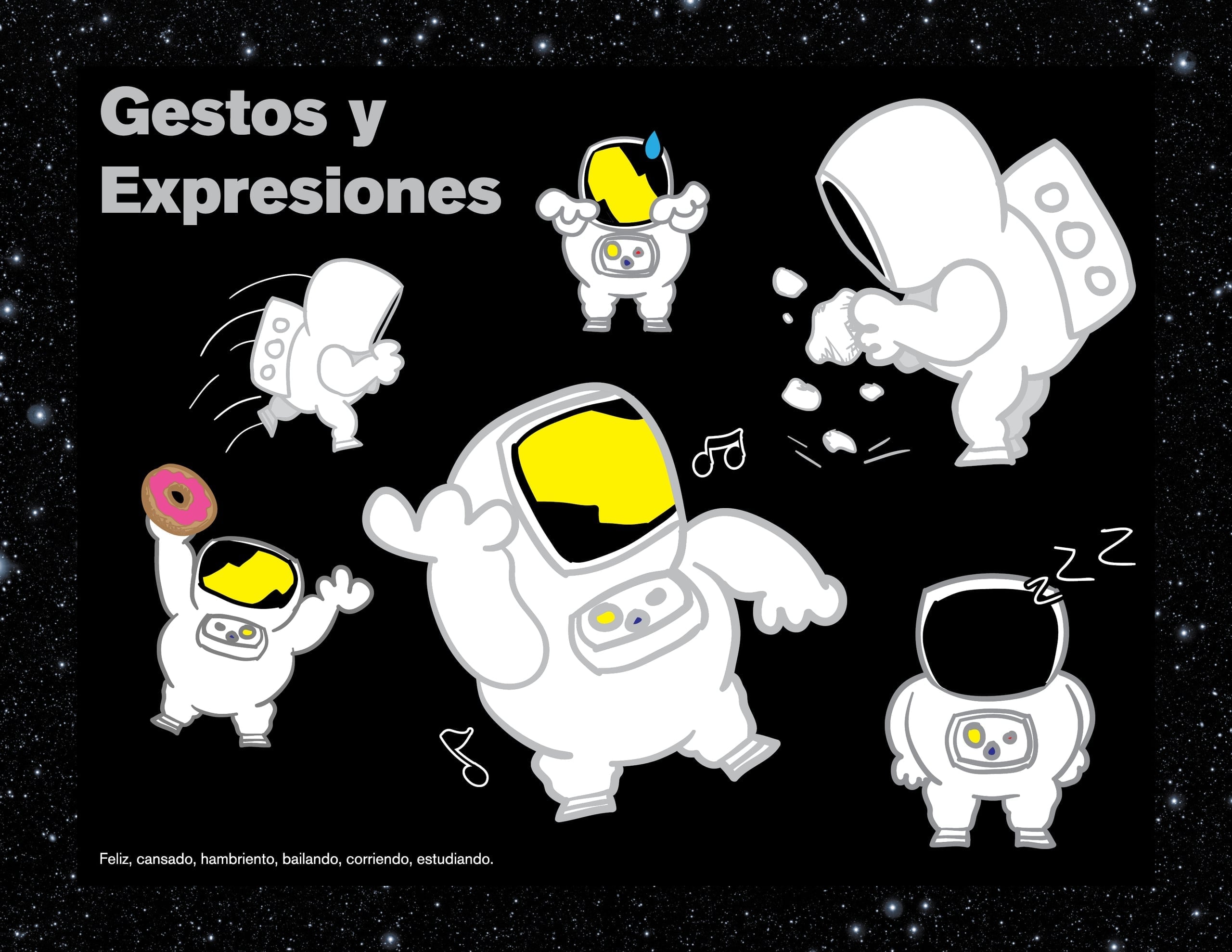 Apollo astronaut mascot guide with biography, expressions, turnaround views, brand colors, and merchandise examples