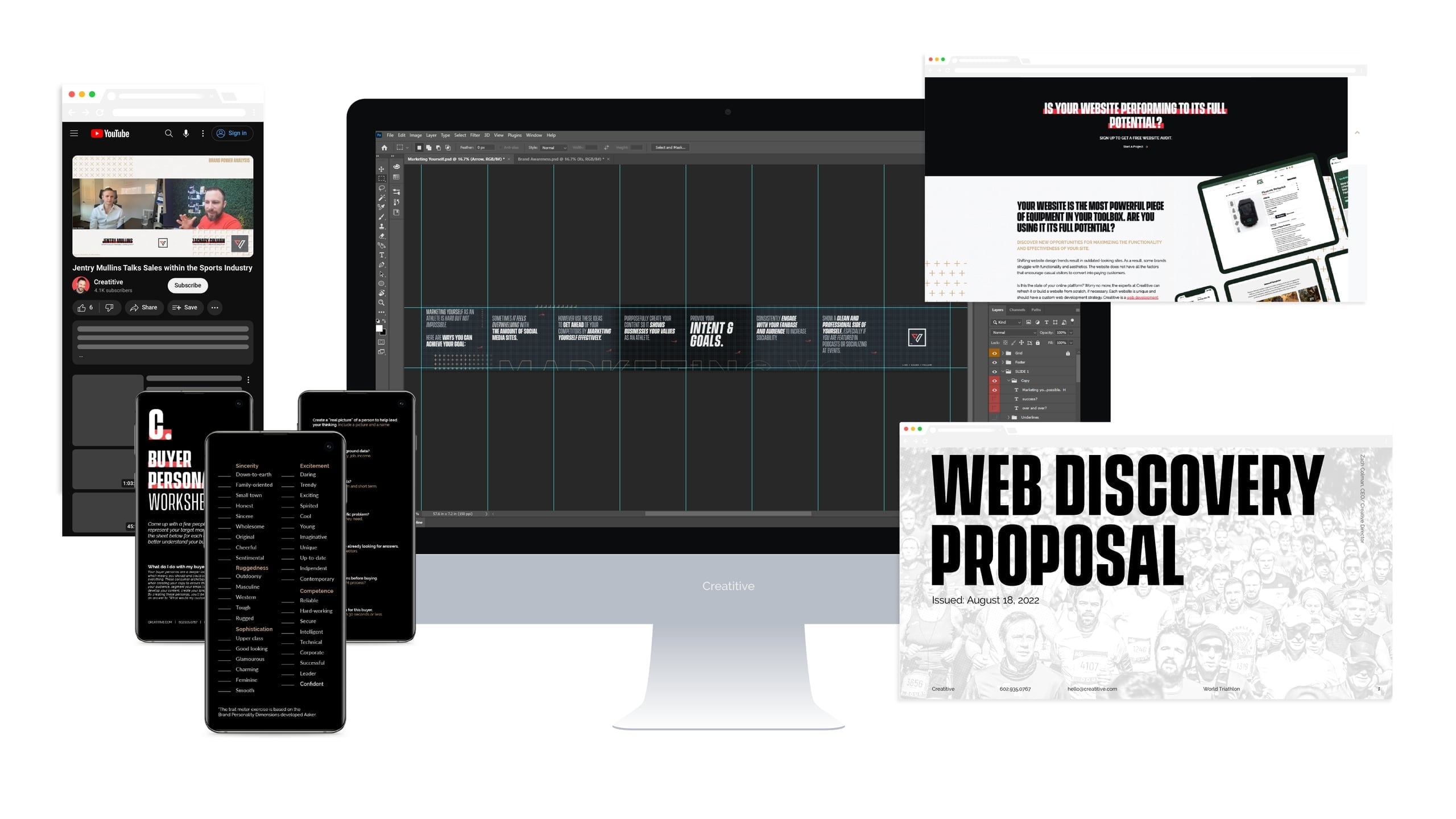 Marketing workflow mockup across desktop, tablet, and phone with a web proposal, video, personas, content calendar, and performance report