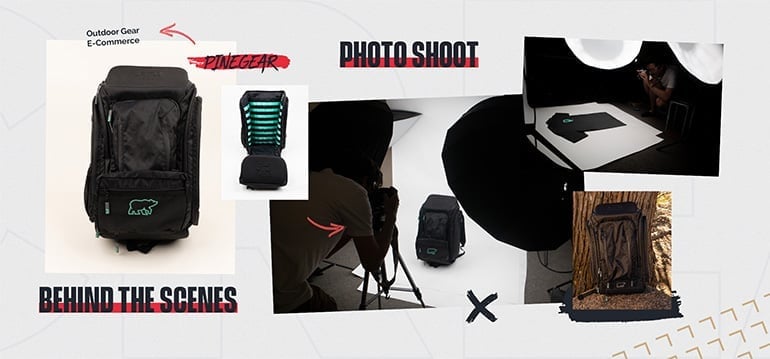 Behind the scenes photo shoot collage for PineGear outdoor gear e-commerce featuring black tactical backpack product photography setup