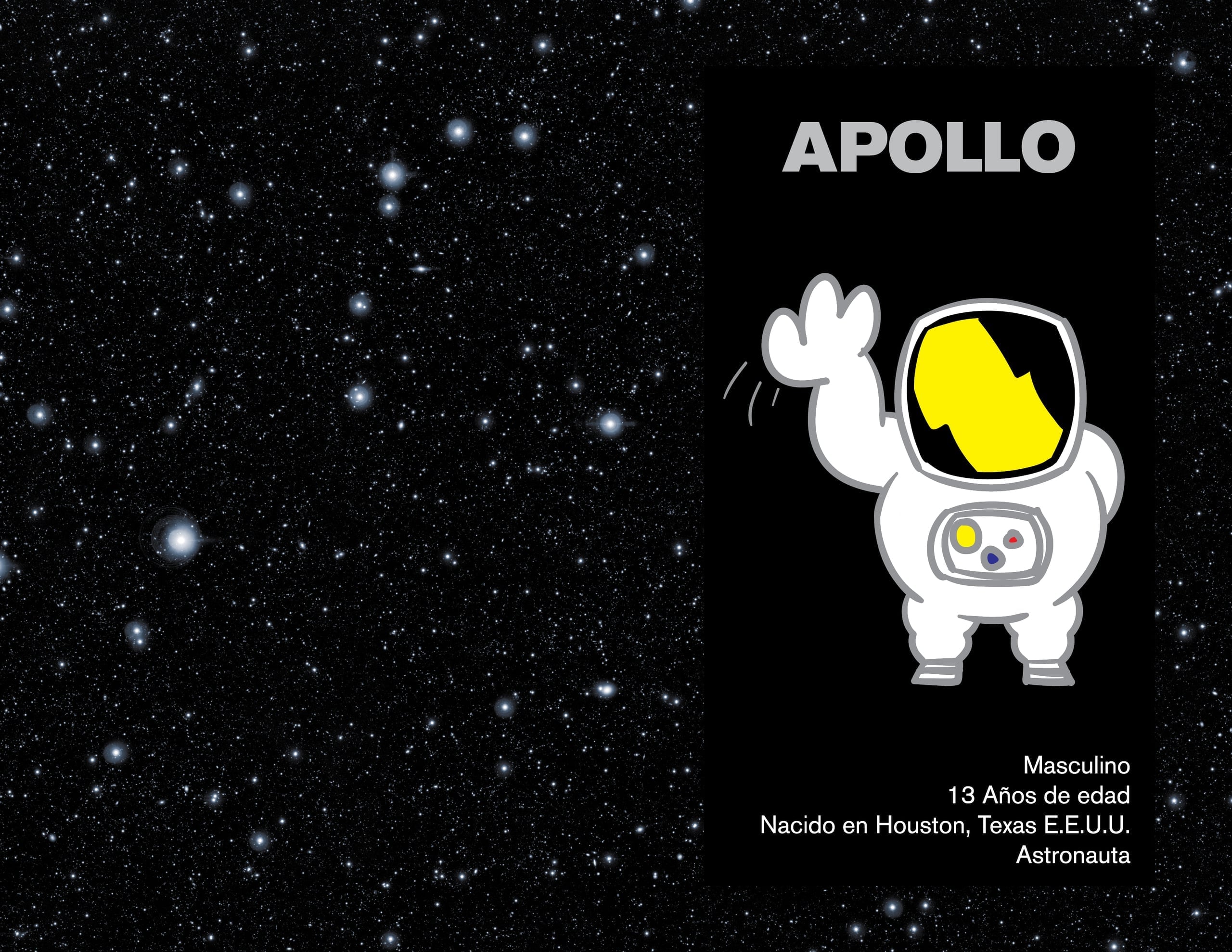 Apollo astronaut mascot guide with biography, expressions, turnaround views, brand colors, and merchandise examples