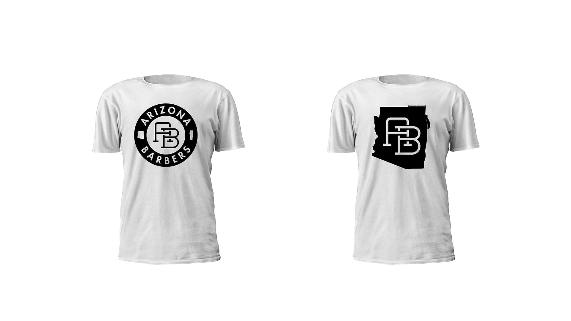 Two white t-shirt mockups showing Arizona Barbers logo variations: circular badge design and Arizona state silhouette with AB monogram