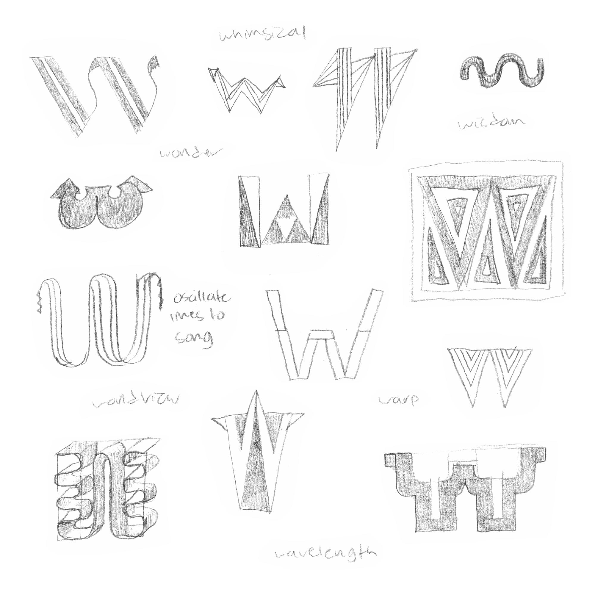 Typography exploration sketches for letter W with zigzag patterns, oscillating forms, and angular geometric styles