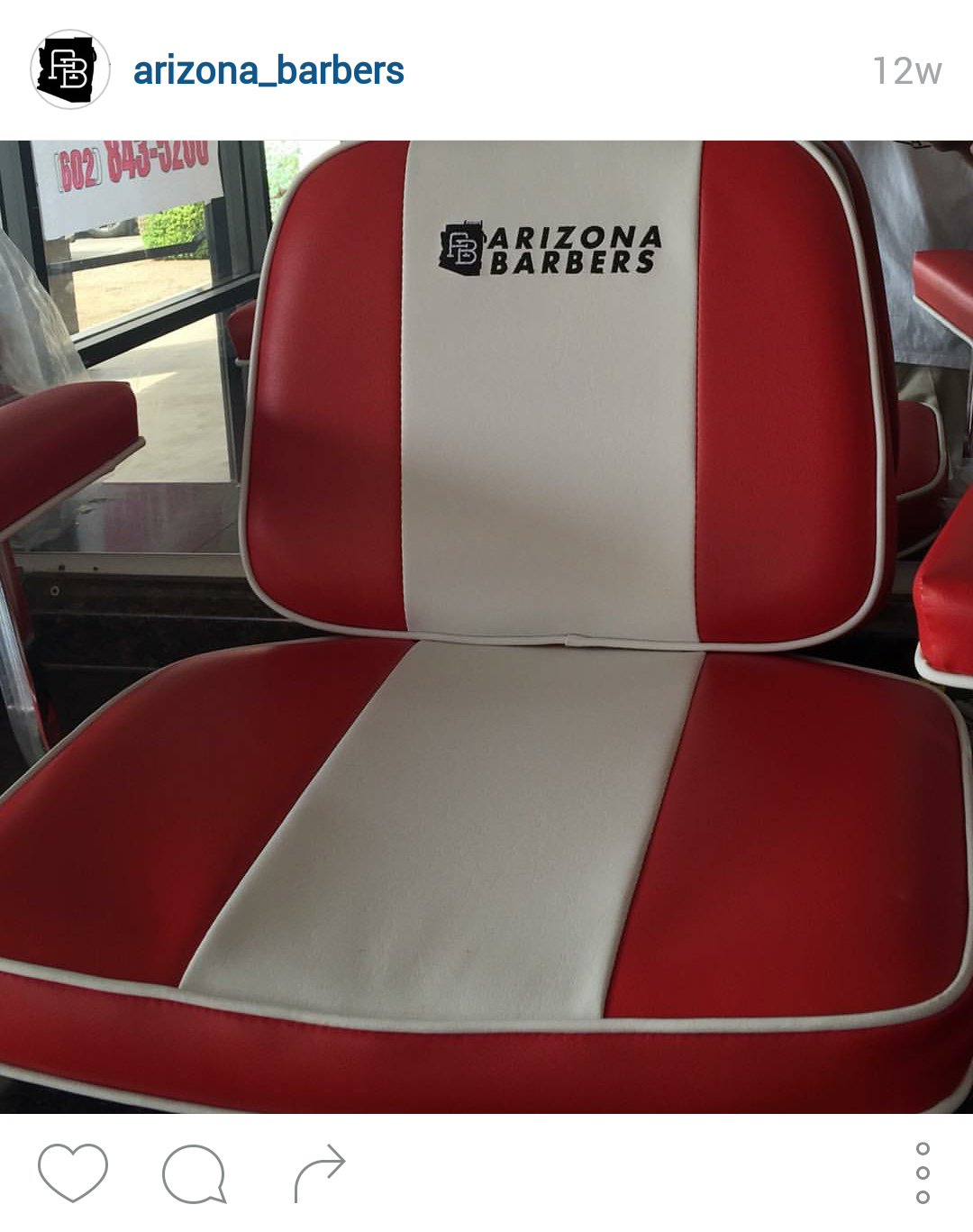 Instagram post showing red and cream striped barber chair with embroidered Arizona Barbers logo on headrest