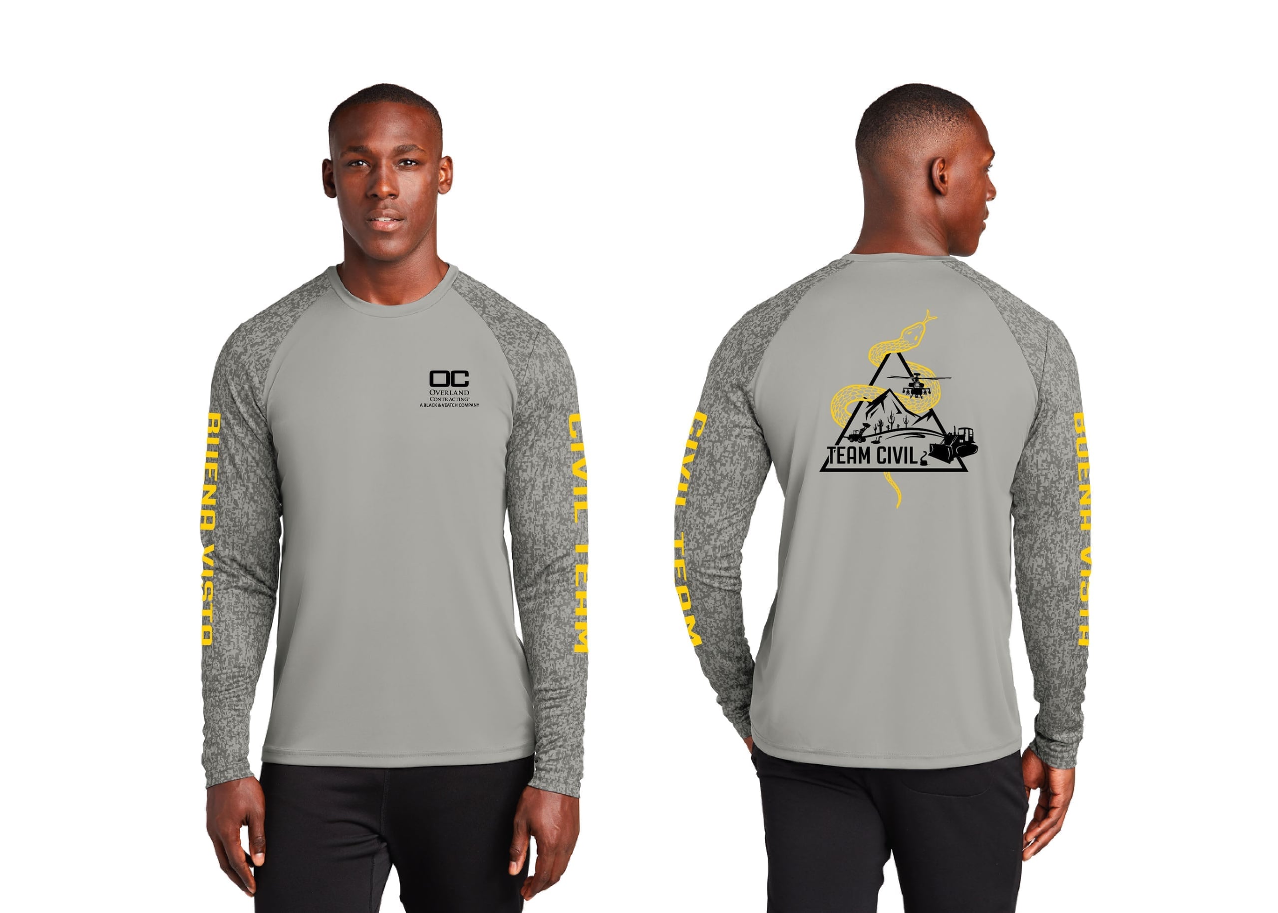 Gray Overland Contracting raglan with chest logo, civil-team helicopter graphic, and black-and-yellow sleeve lettering