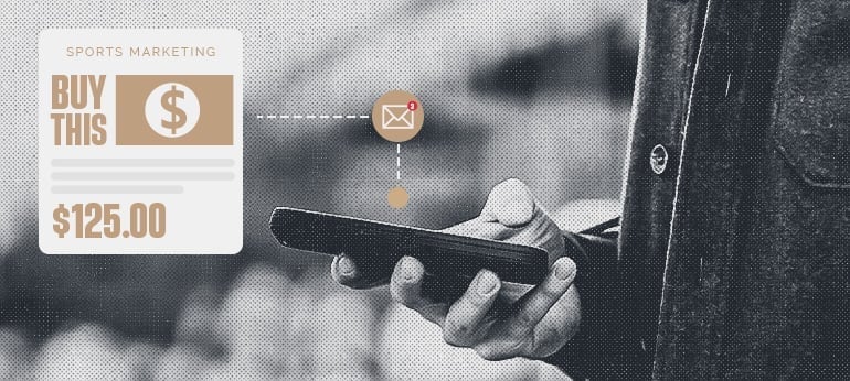 Sports marketing blog graphic showing smartphone with purchase notification and dollar sign icon in grayscale with tan accents