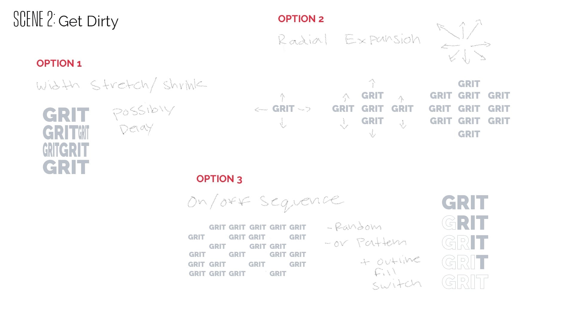 Scene 2 Get Dirty animation concepts featuring GRIT typography with width stretch, radial expansion, and on/off sequence options