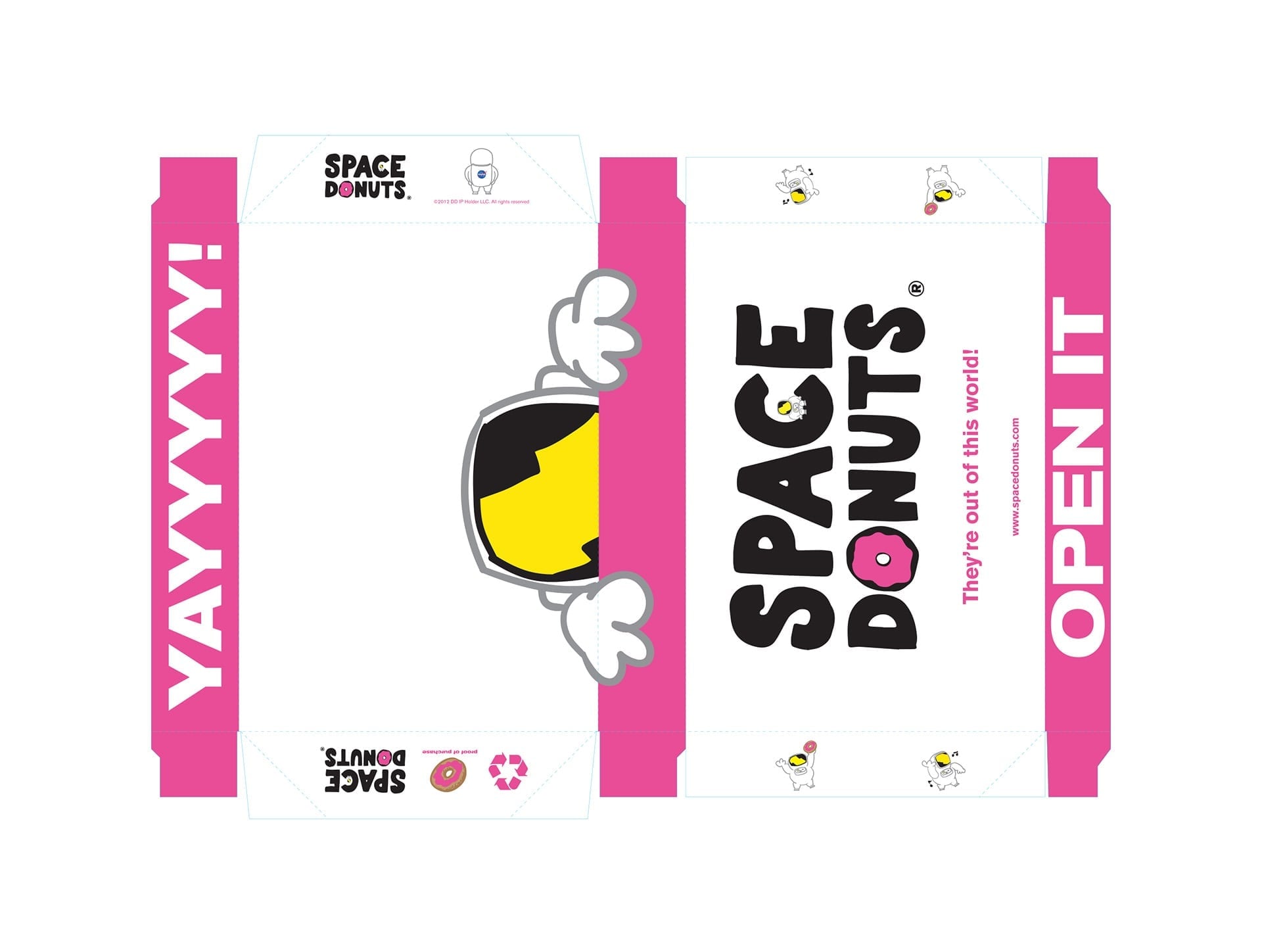 Space Donuts process sheets with logo concepts, Apollo mascot sketches, typography studies, and the final pink packaging dieline