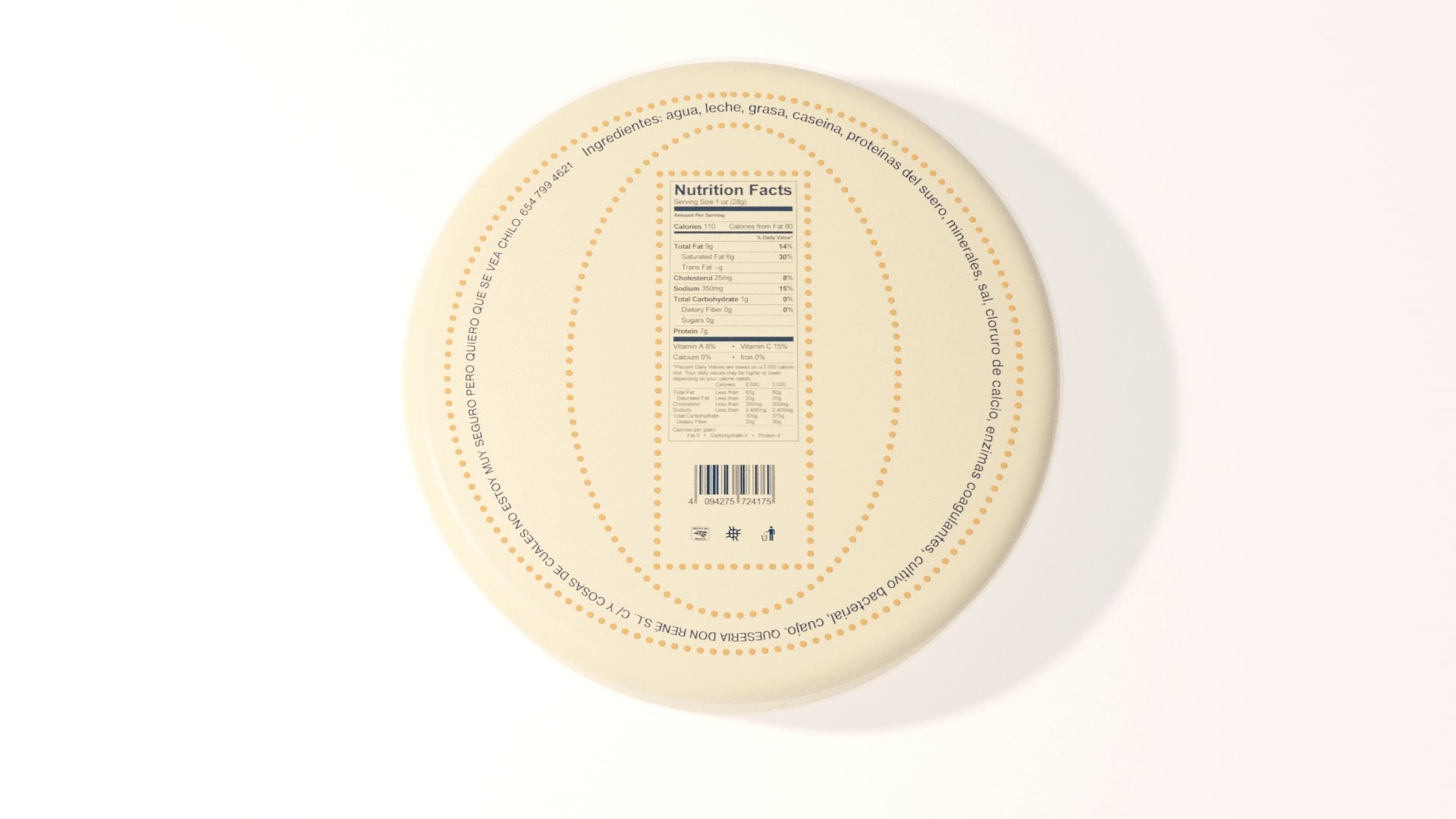 Back label for Don Rene cheese with nutrition panel, circular Spanish ingredients text, orange border, barcode, and safety icons