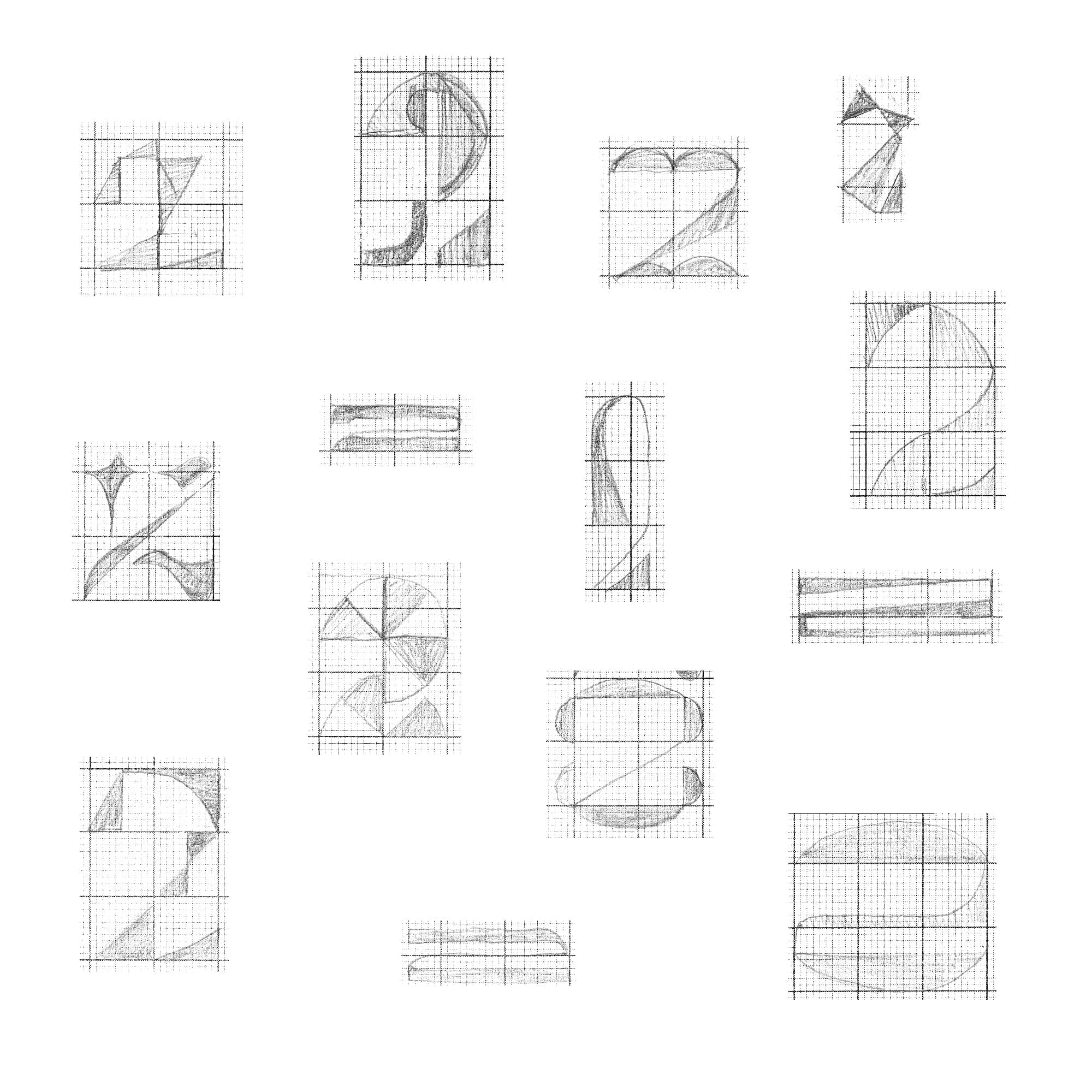 Pencil sketches exploring number 2 letterform concepts with geometric grid-based compositions and curved shapes