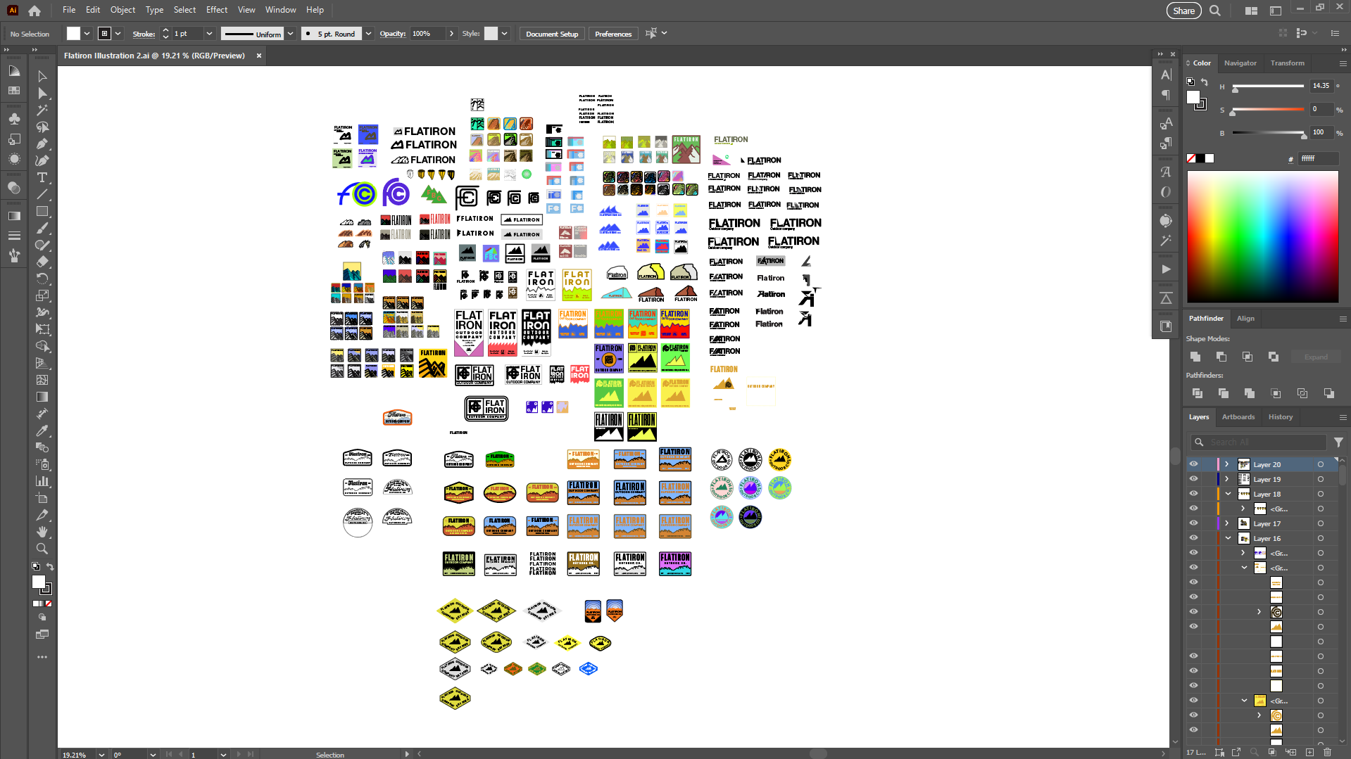 Adobe Illustrator artboard showing extensive logo iteration process with dozens of patch designs, color variations, and badge layouts for outdoor brand