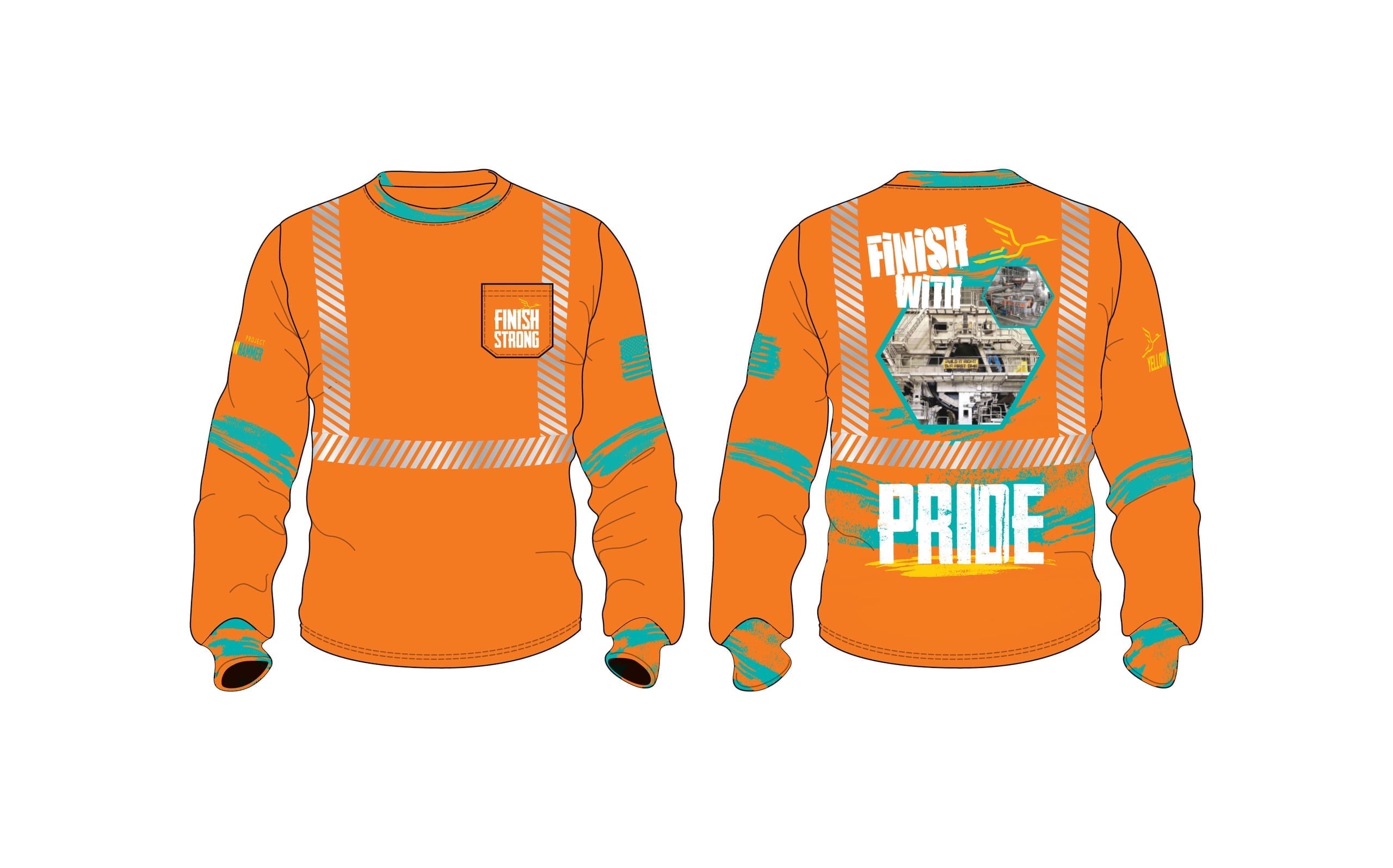 High-visibility orange work shirt with reflective stripes, Finish Strong chest patch, and Yellowhammer machinery graphic on the back