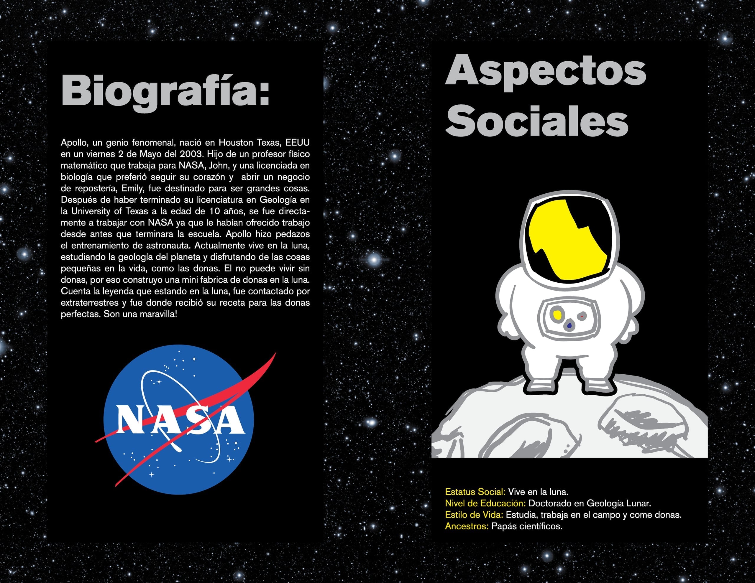 Apollo astronaut mascot guide with biography, expressions, turnaround views, brand colors, and merchandise examples